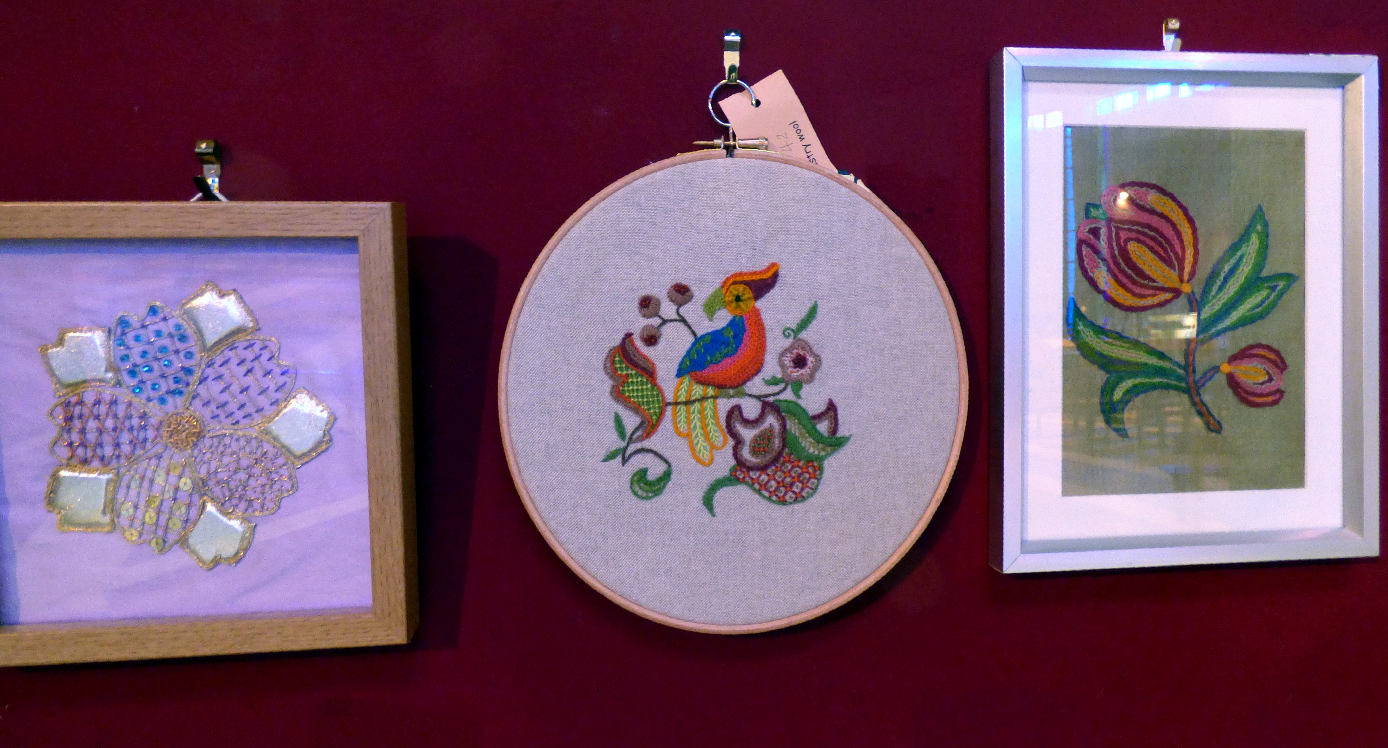 GOLDWORK by J.McParland, CREWELWORK by M.Andrews and ONE STITCH SAMPLER by A.Kefford , at Embroidery for Pleasure exhibition, Liverpool Metropolitan Cathedral 2016