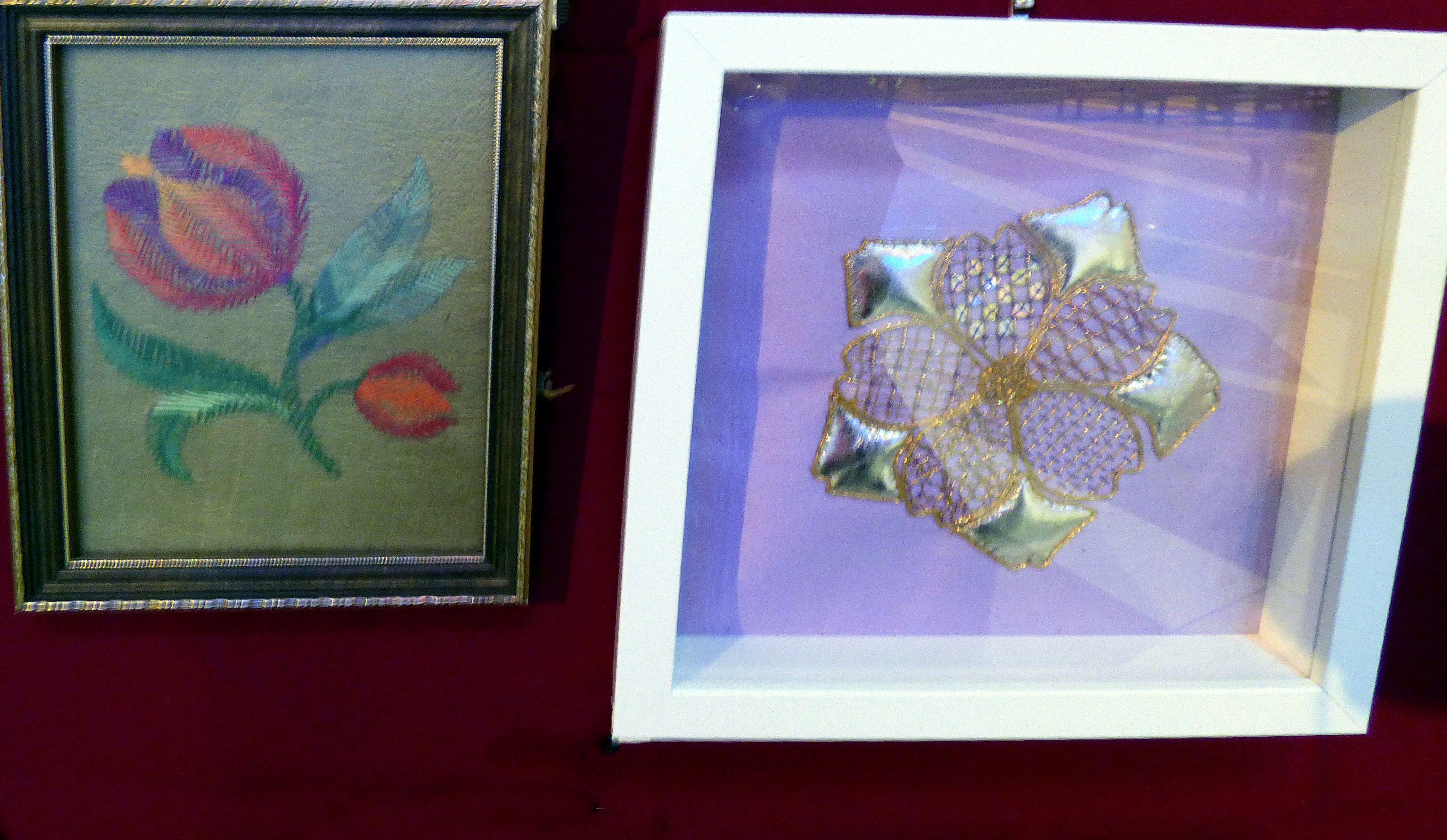 CREWELWORK by F.Trotman and GOLDWORK by S.Maloney , at Embroidery for Pleasure exhibition, Liverpool Metropolitan Cathedral 2016