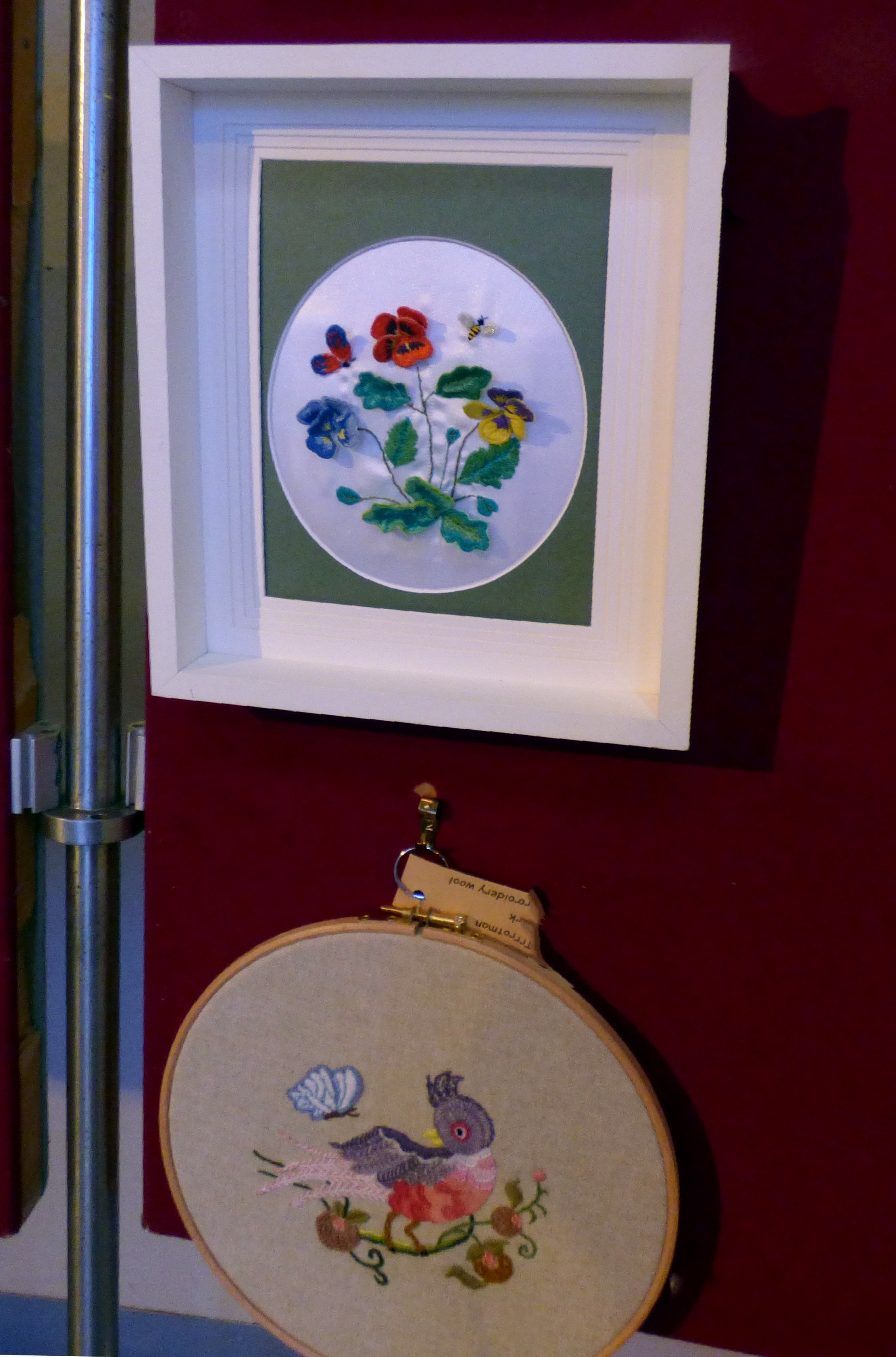 STUMPWORK by K.Green and CREWELWORK by F.Trotman, at Embroidery for Pleasure exhibition, Liverpool Metropolitan Cathedral 2016