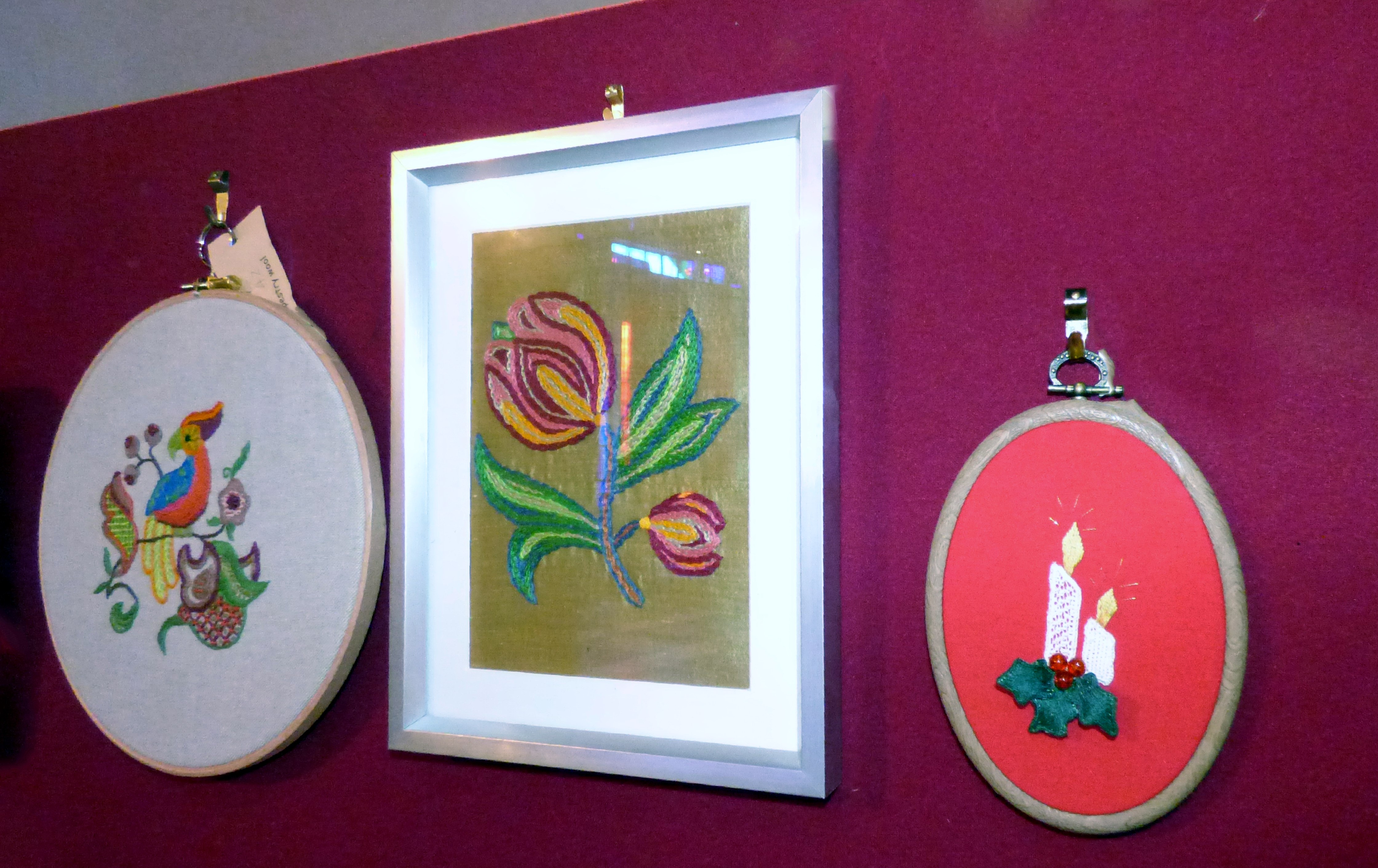 CREWELWORK by M.Andrews, ONE STITCH SAMPLER by A.Kefford and NEEDLE LACE by J.McParland, at Embroidery for Pleasure exhibition, Liverpool Metropolitan Cathedral 2016