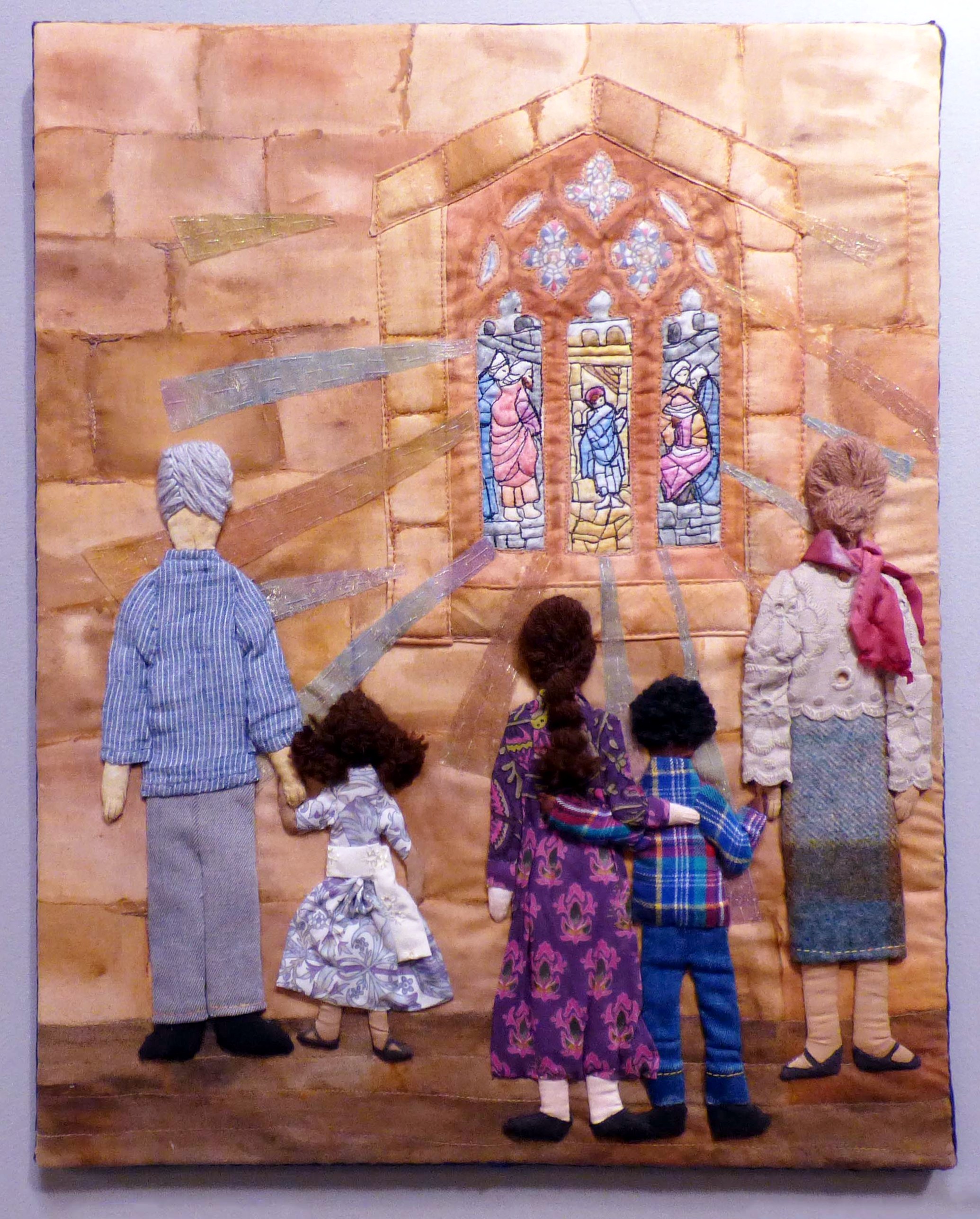 LET THERE BE LIGHT by Mal Ralston, paint, machine and hand stitching, applied fabric figures, Exhibition in All Hallows Church, September 2022