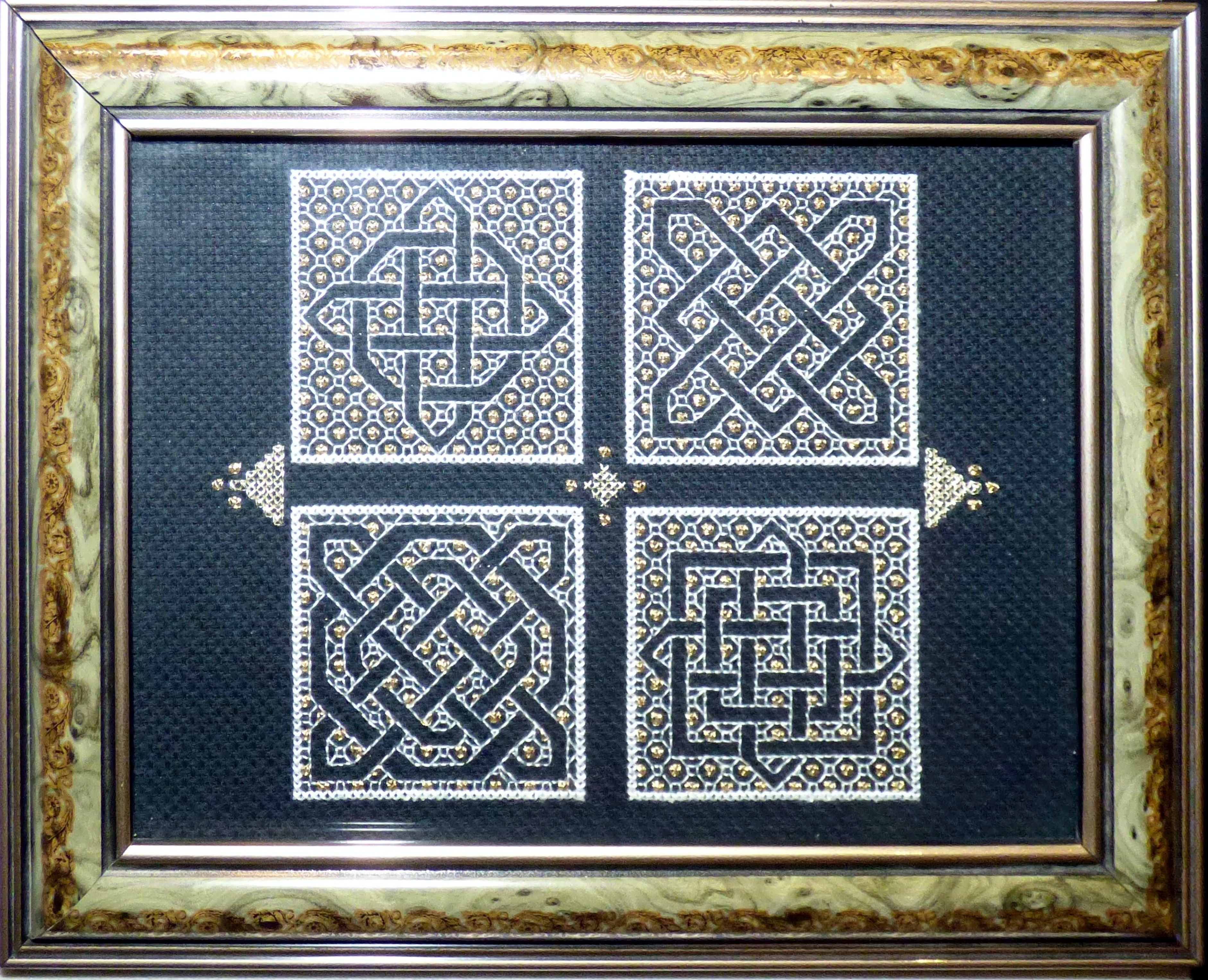 FOUR CELTIC KNOTS by Eileen Sampson, blackwork, Exhibition at All Hallows Church, September 2022