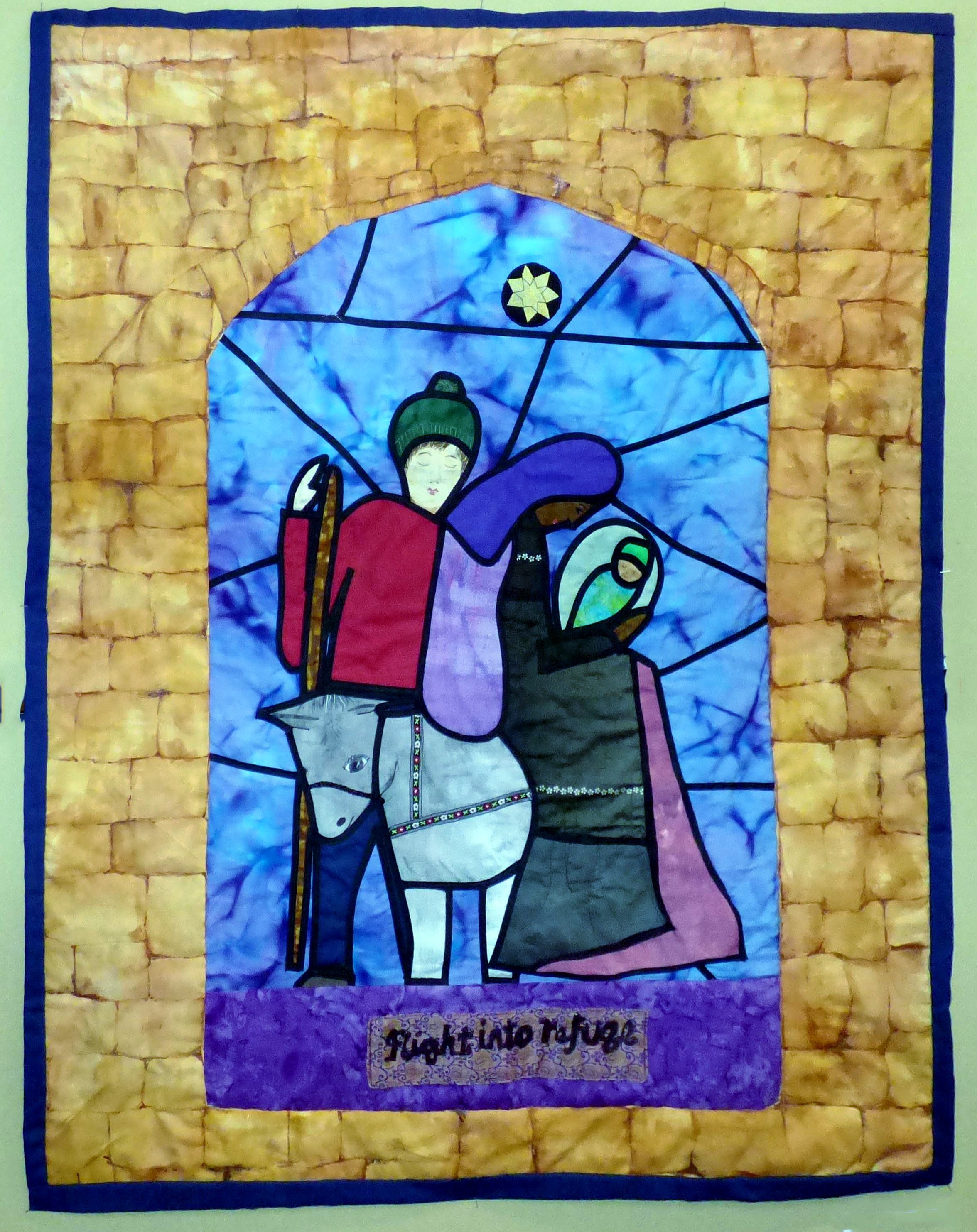 FLIGHT INTO REFUGE by Mal Ralston, quilt hanging, Exhibition at All Hallows Church, September 2022