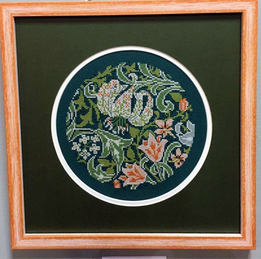 GOLDEN LILY BY WILLIAM MORRIS by Sandra Rhind, cross stitch, Exhibition at All Hallows Church, September 2022