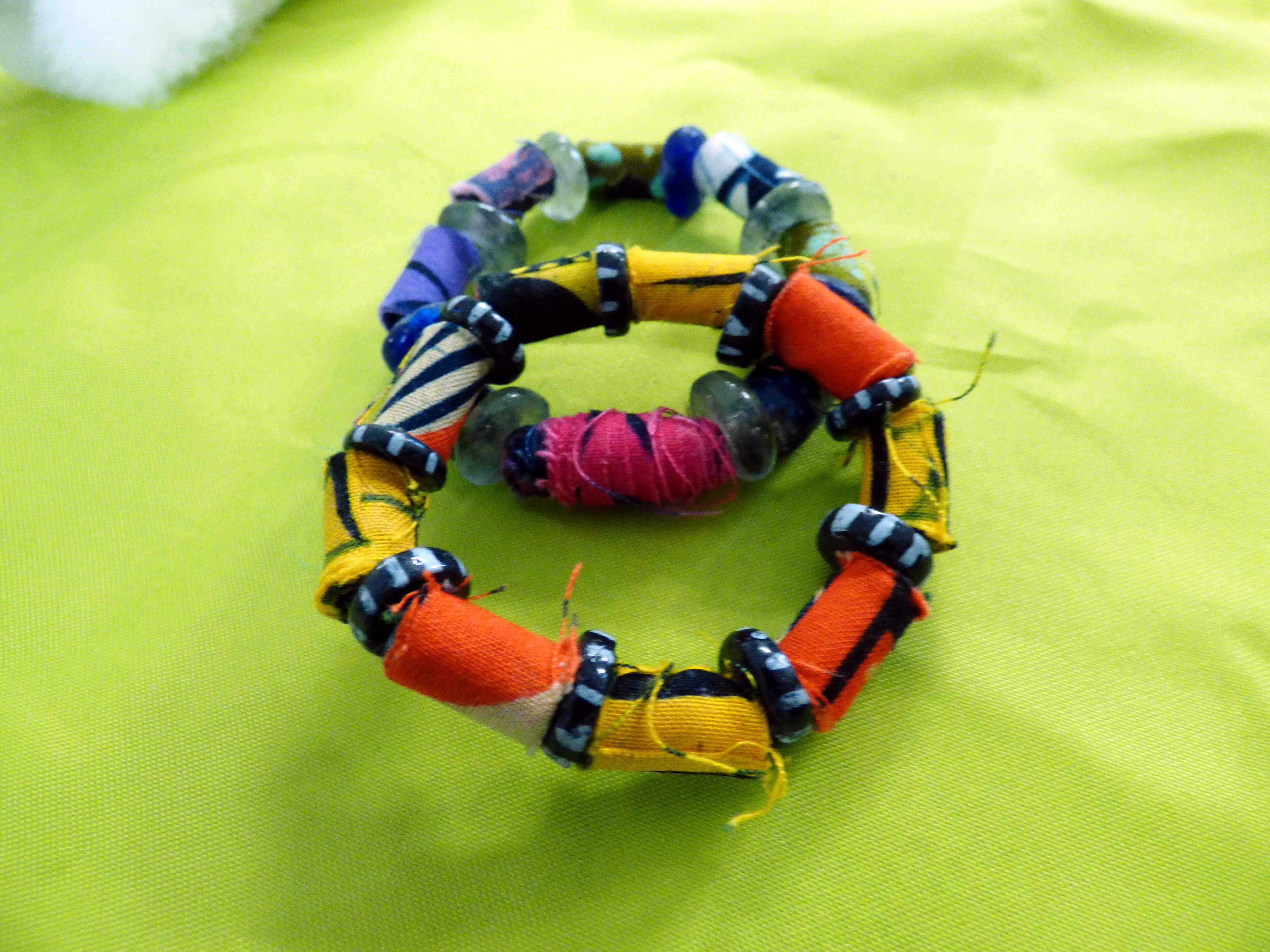Tutor's samples at Fabric Beadmaking workshop with Magie Relph 2019