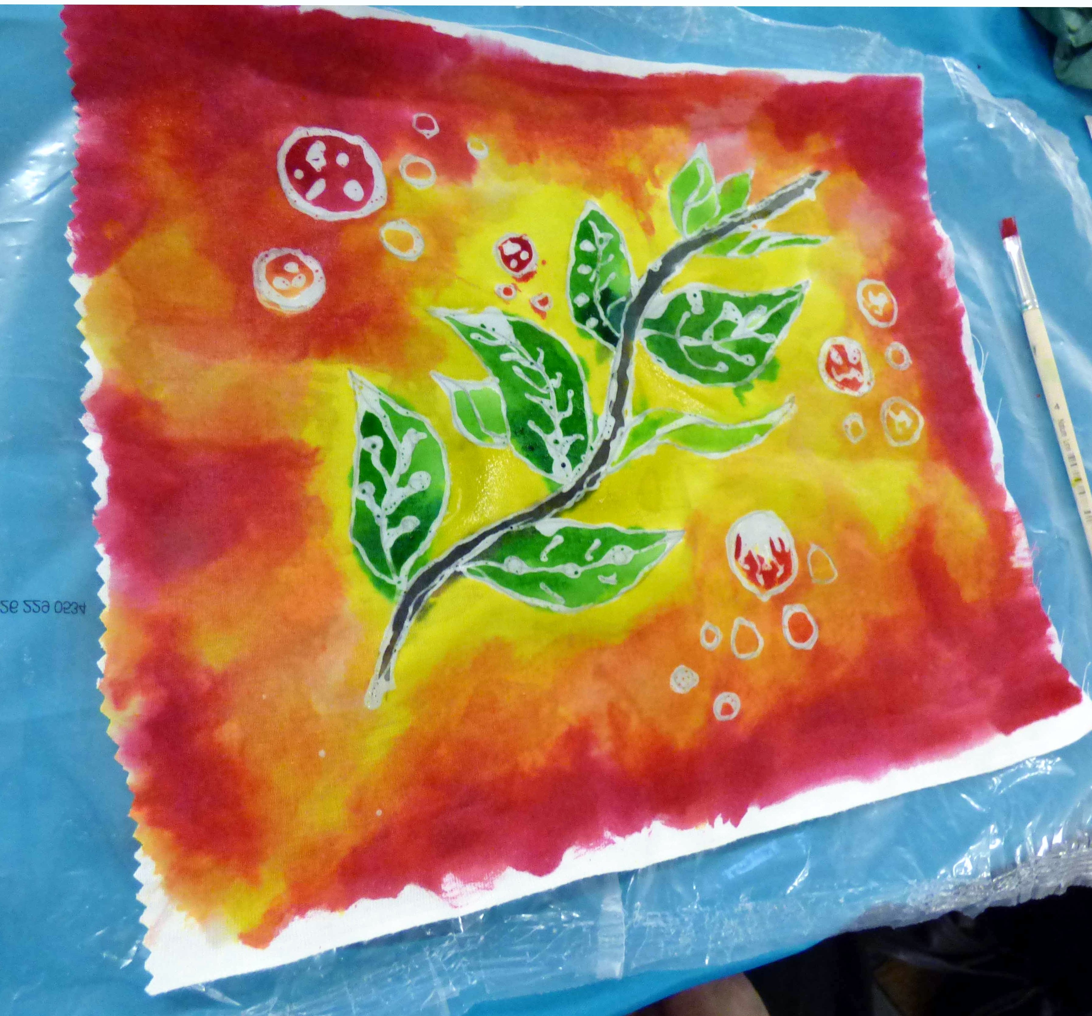 student's work in progress at "A Taste of Indonesian Batik" workshop with Victoria Riley, Feb 2020