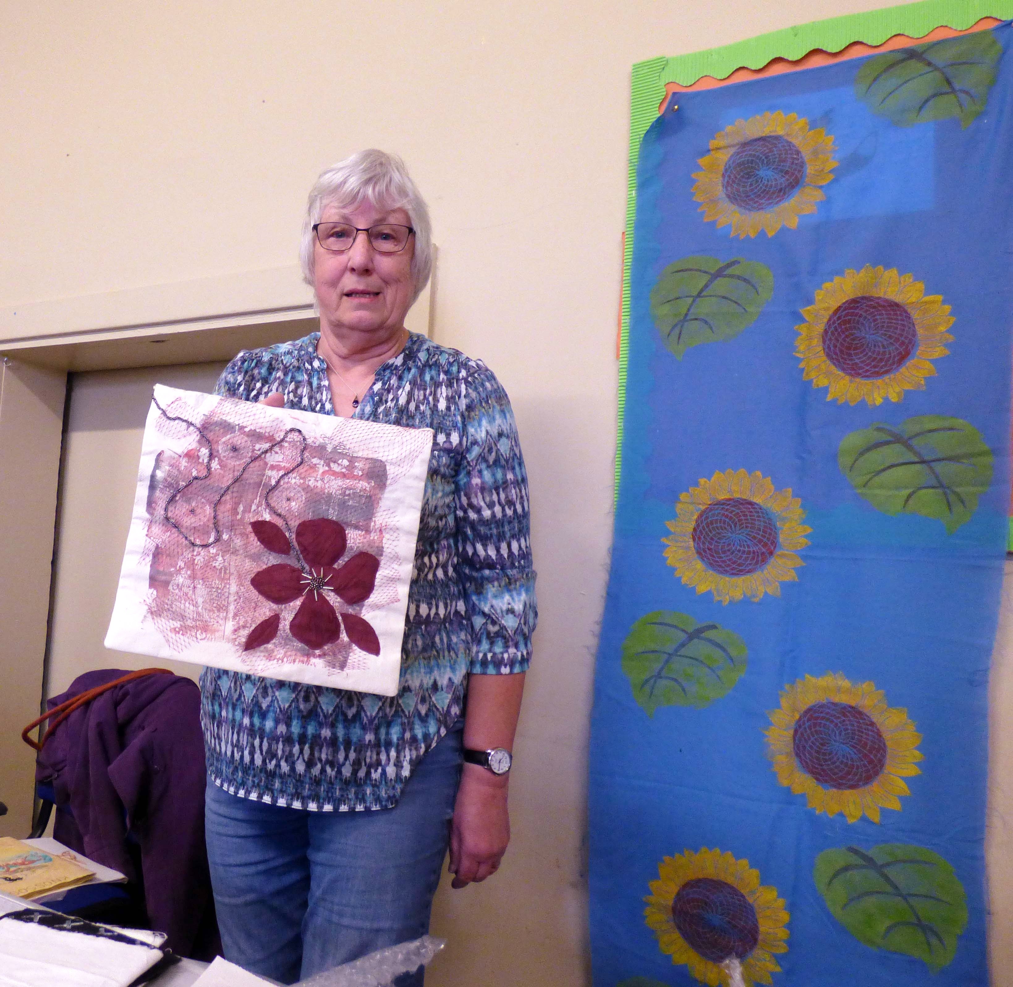 Ann Cornes with some of her prints, "From Plain to Printed" print Workshop with Anne Cornes, April 2019