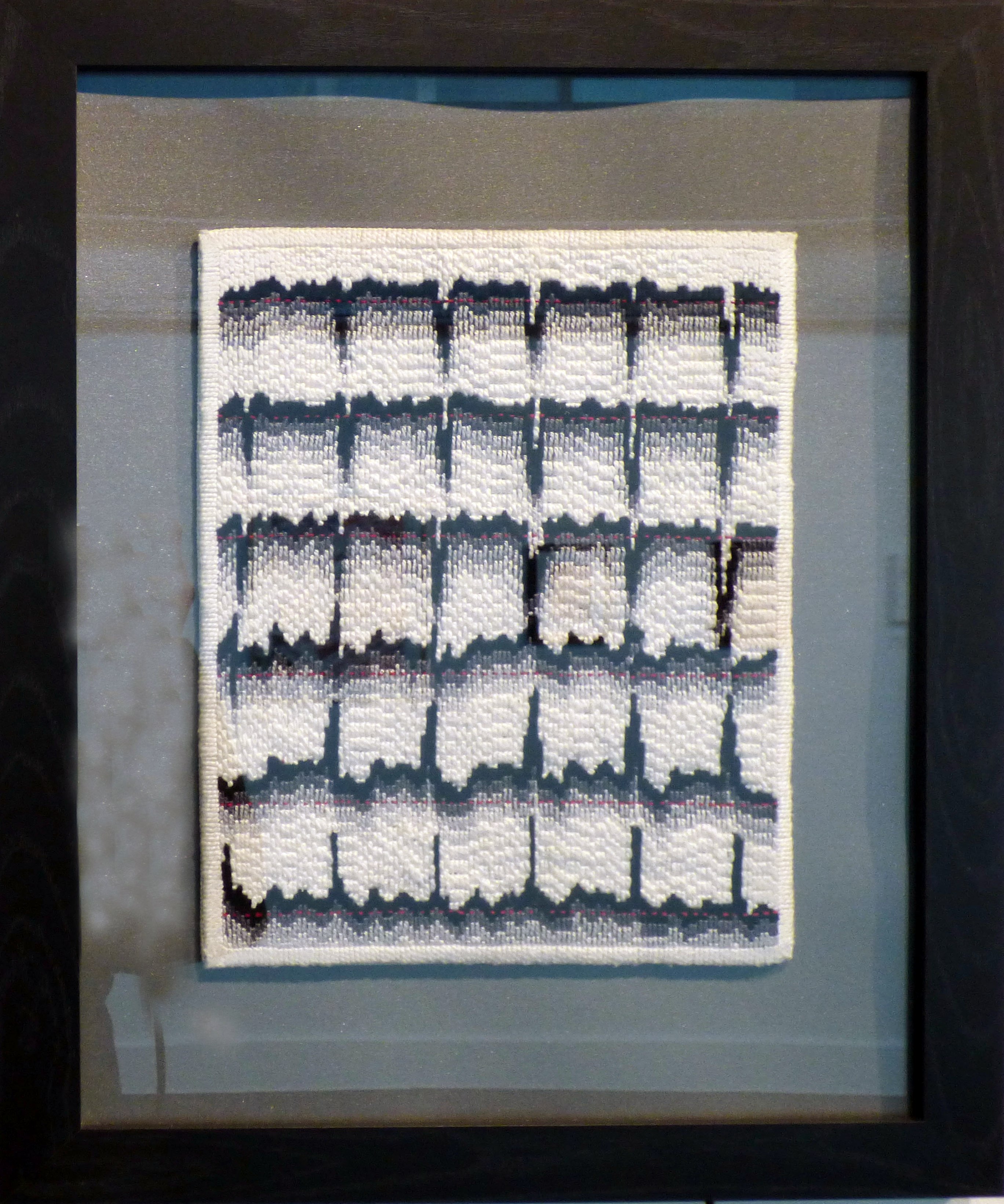 IN A HEARTBEAT by Karen Scott, Florentine stitch style canvas work embroidery in cotton thread. From The Heart exhibition, St Helens, Feb 2020