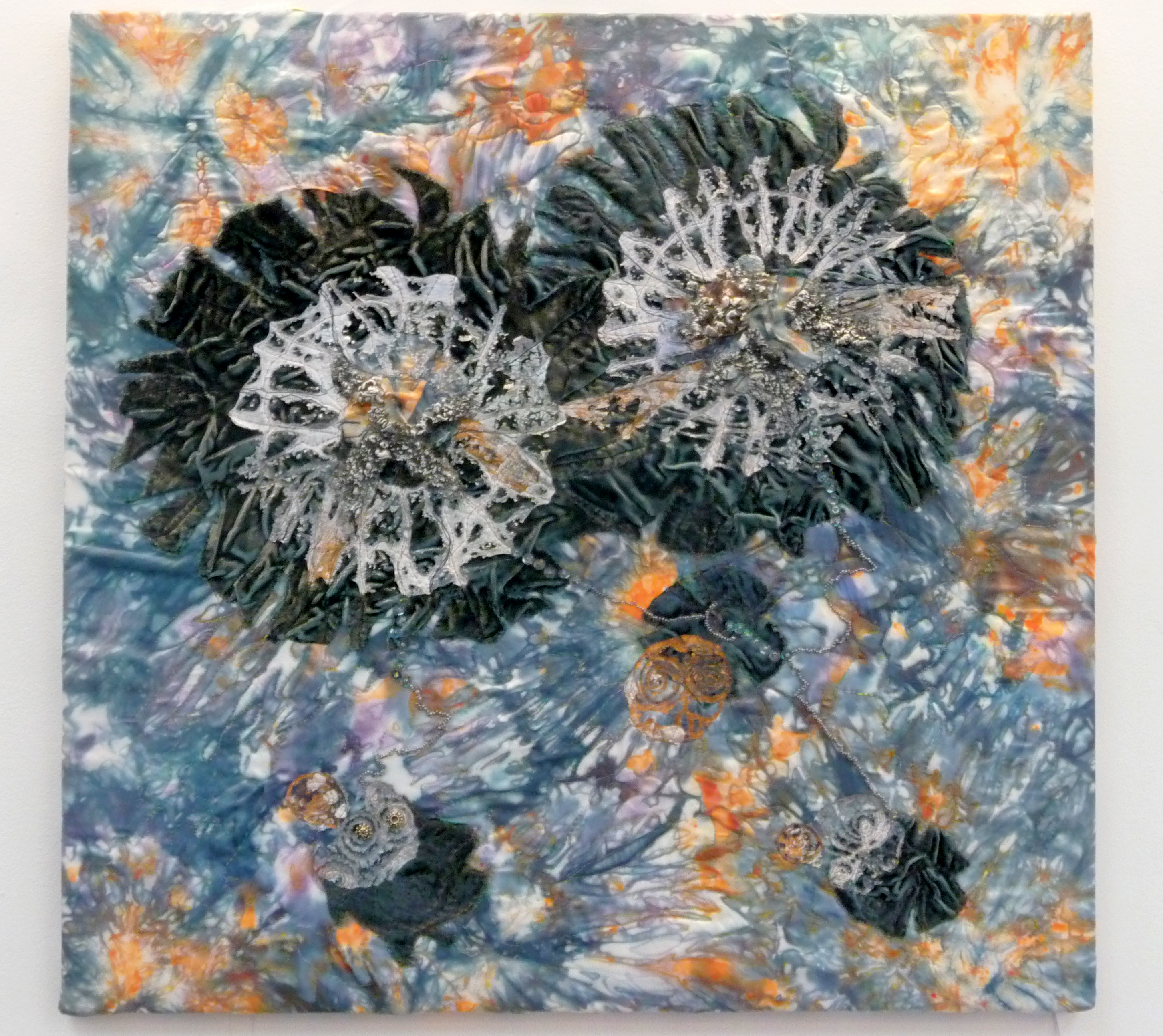MOLTEN STREAMS OF SILVER by Sue Chisnell-Sumner, tray dyed silk and mixed media