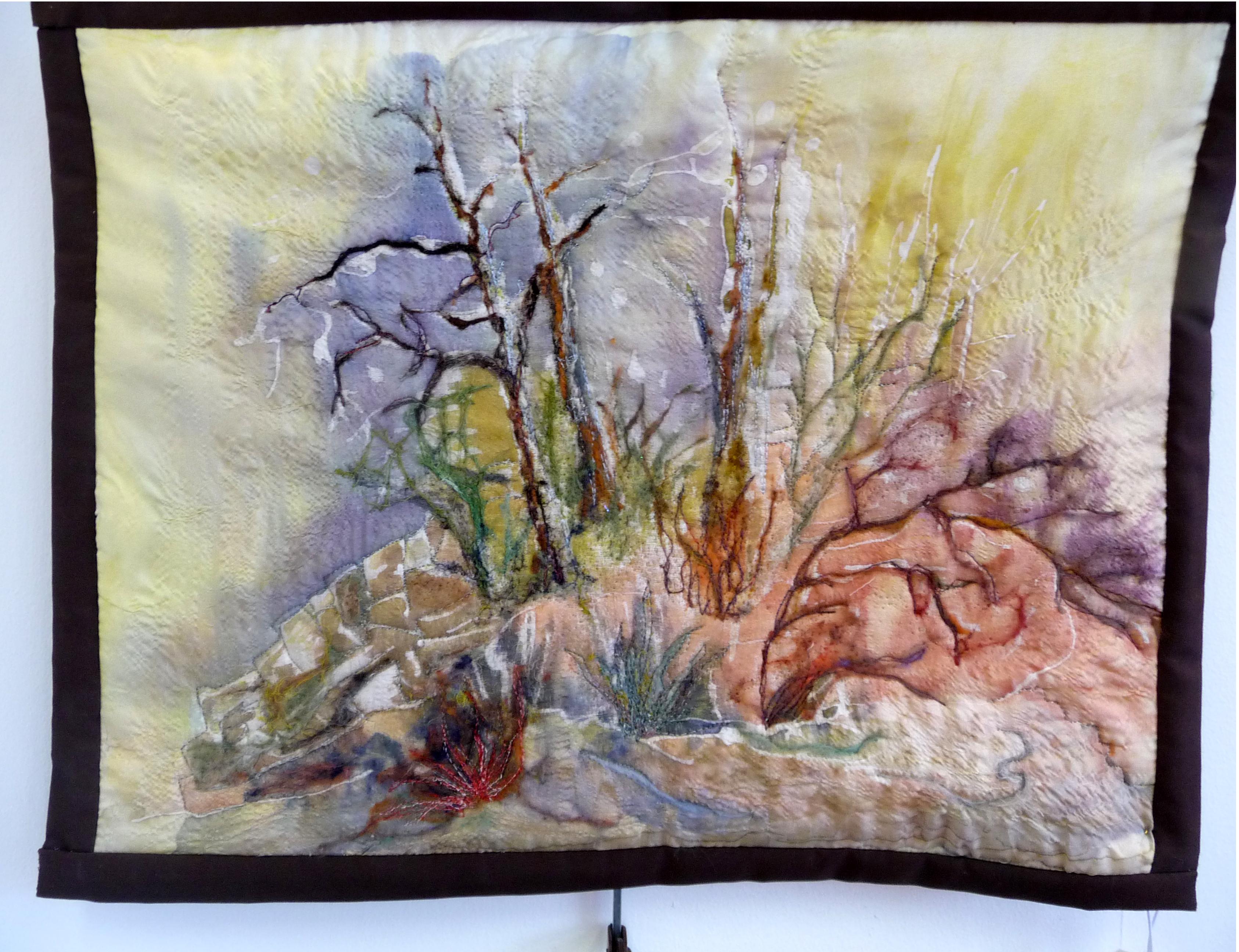 DINGLE DELL by Pat Bean, silk painting with needle felted and machine embroidered embellishments