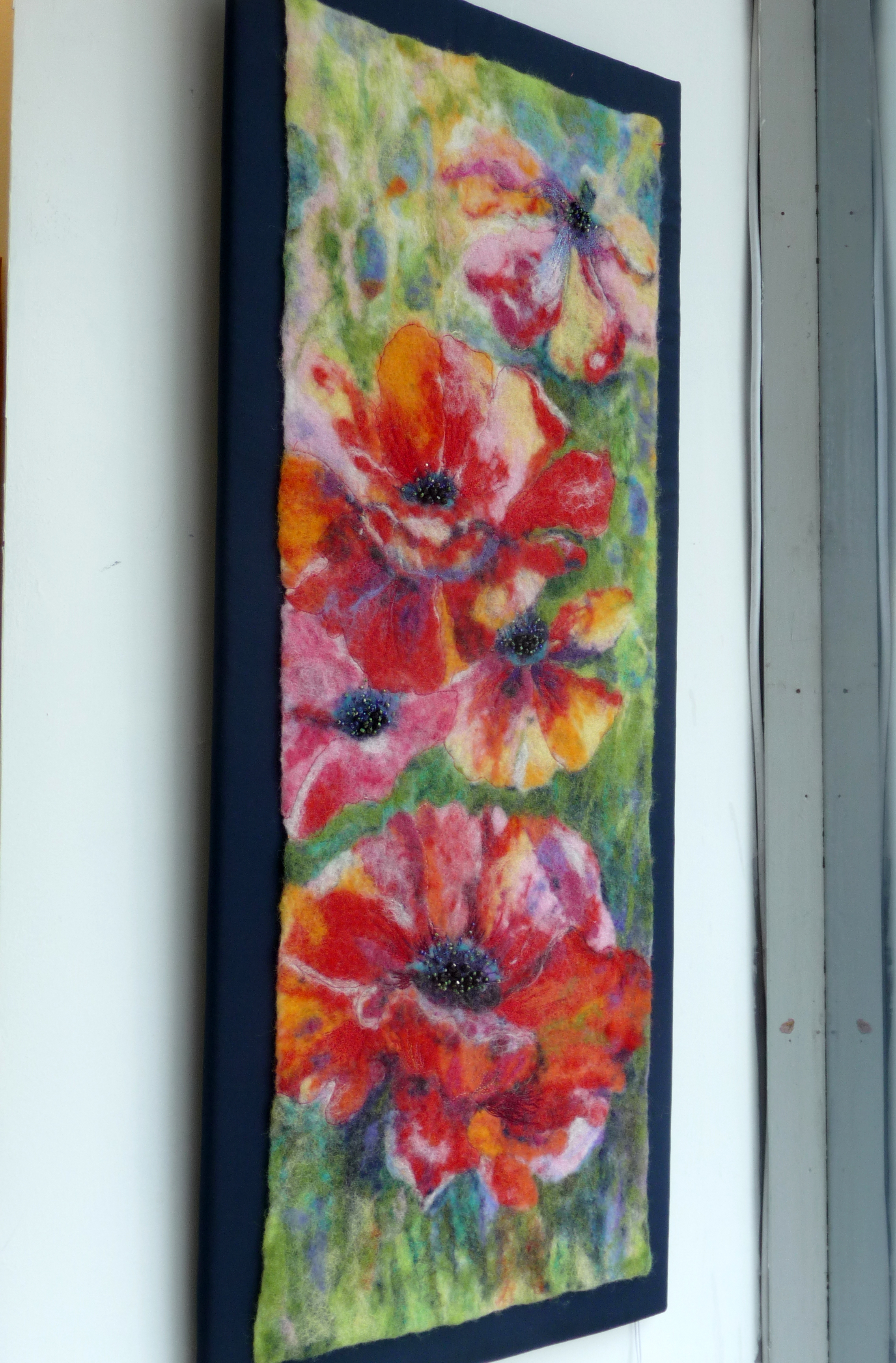 POPPIES by Pat Bean, wet felted hanging with needle felted embellishments
