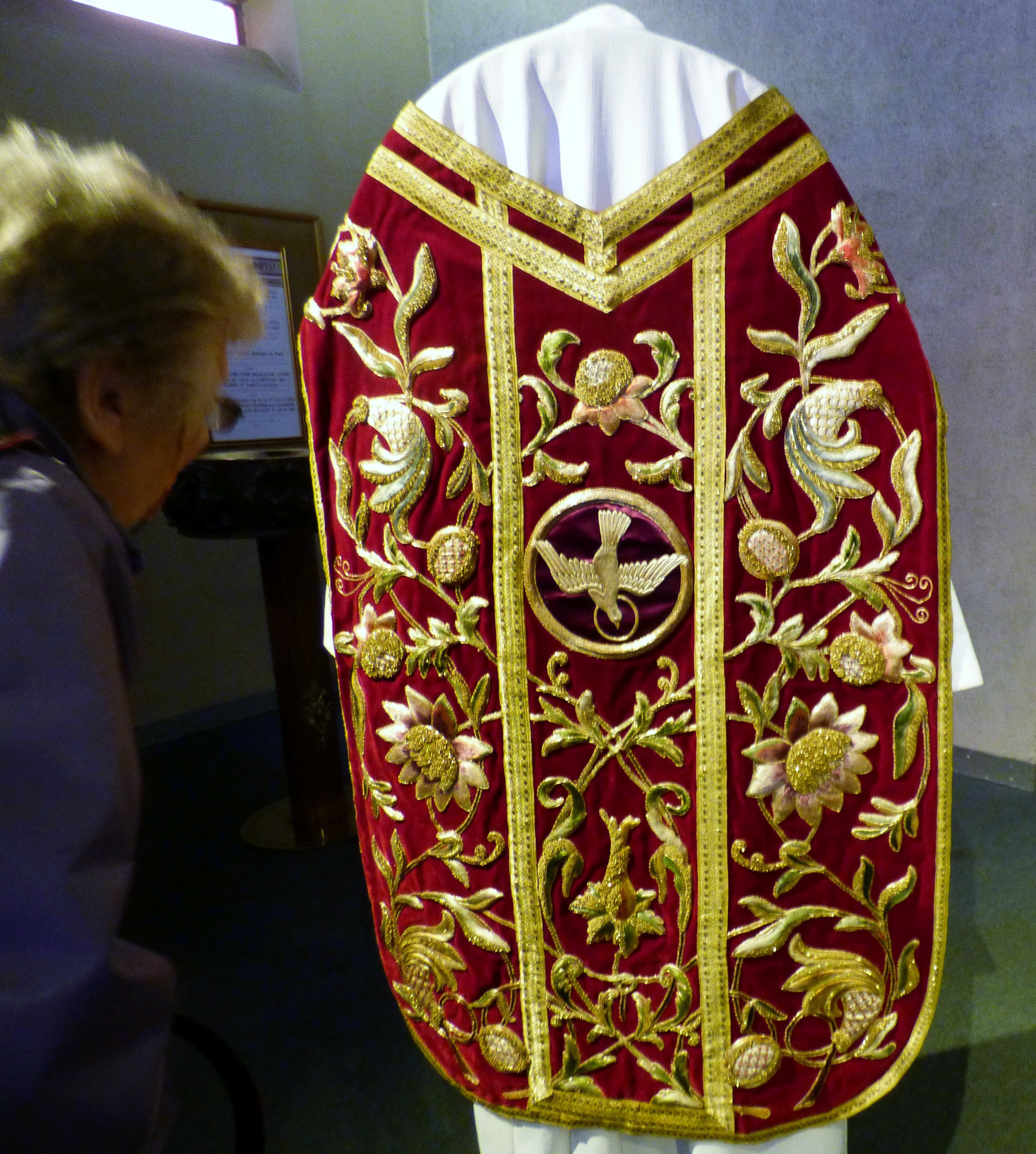 Pentecost Chausible on loan from St Xavier's Church at Golden Jubilee Flower Festival, Liverpool Metropolitan Cathedral 2017
