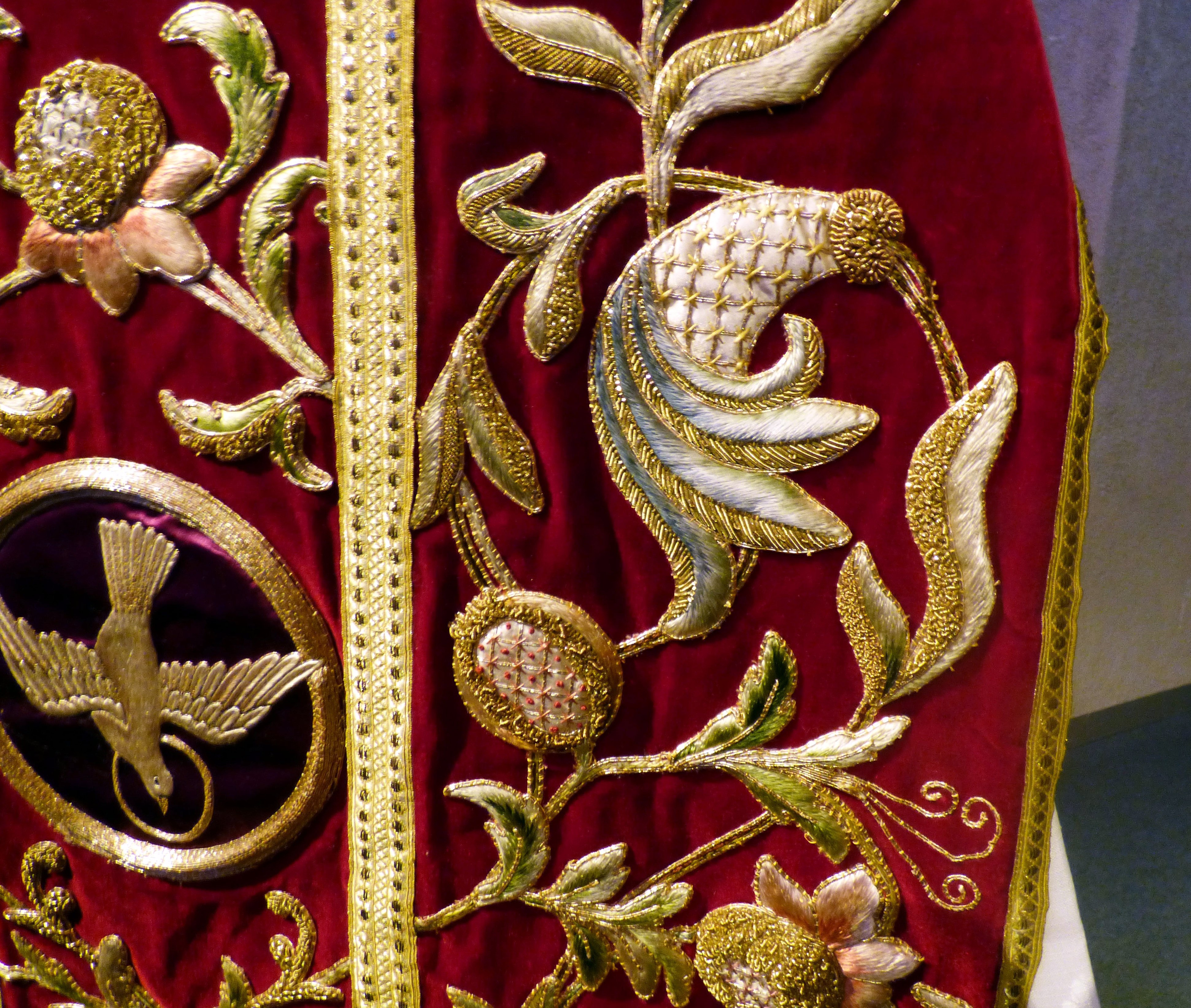 detail of Pentecost Chausible on loan from St Xavier's Church at Golden Jubilee Flower Festival, Liverpool Metropolitan Cathedral 2017