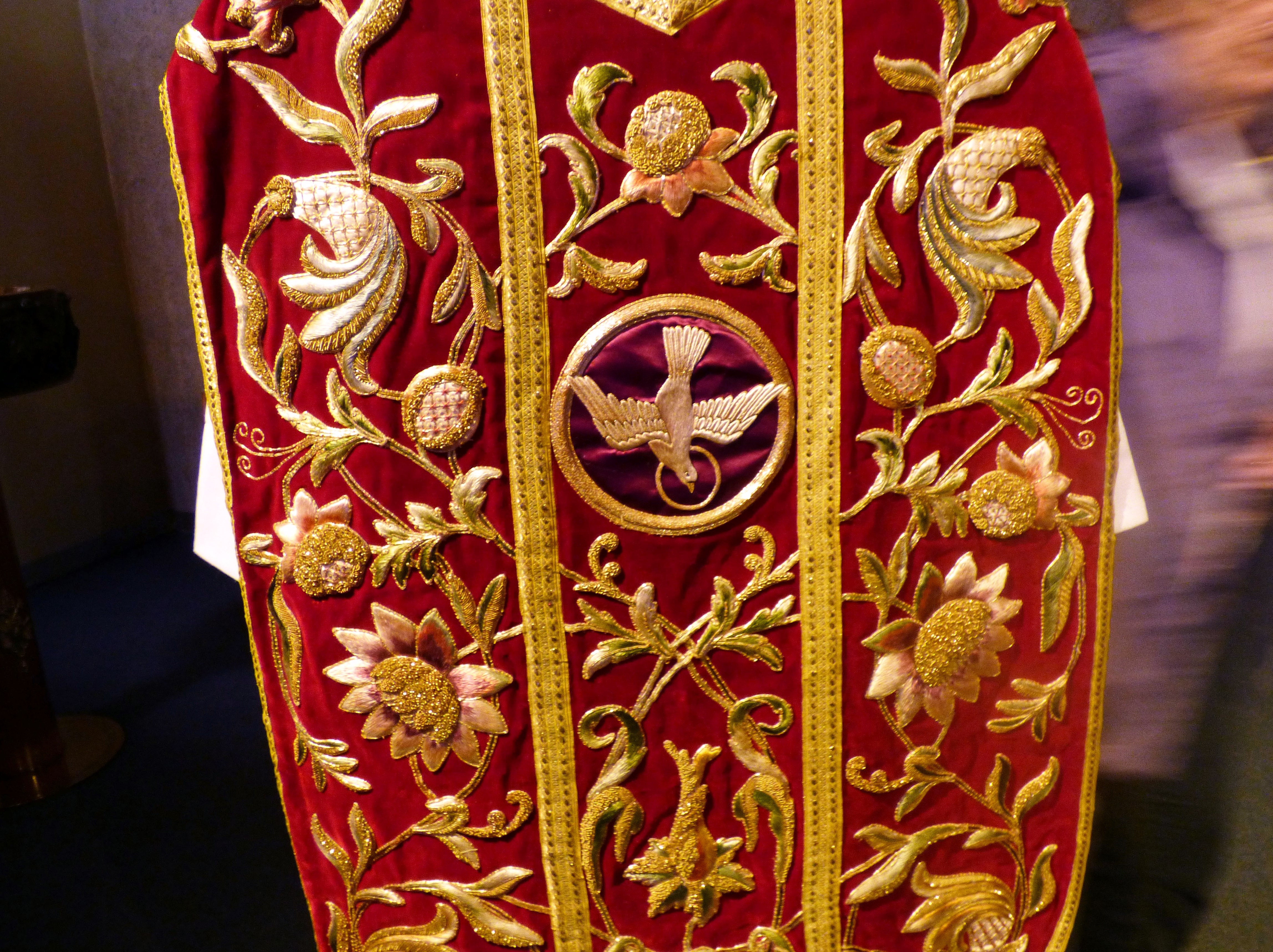detail of Pentecost Chausible on loan from St Xavier's Church at Golden Jubilee Flower Festival, Liverpool Metropolitan Cathedral 2017