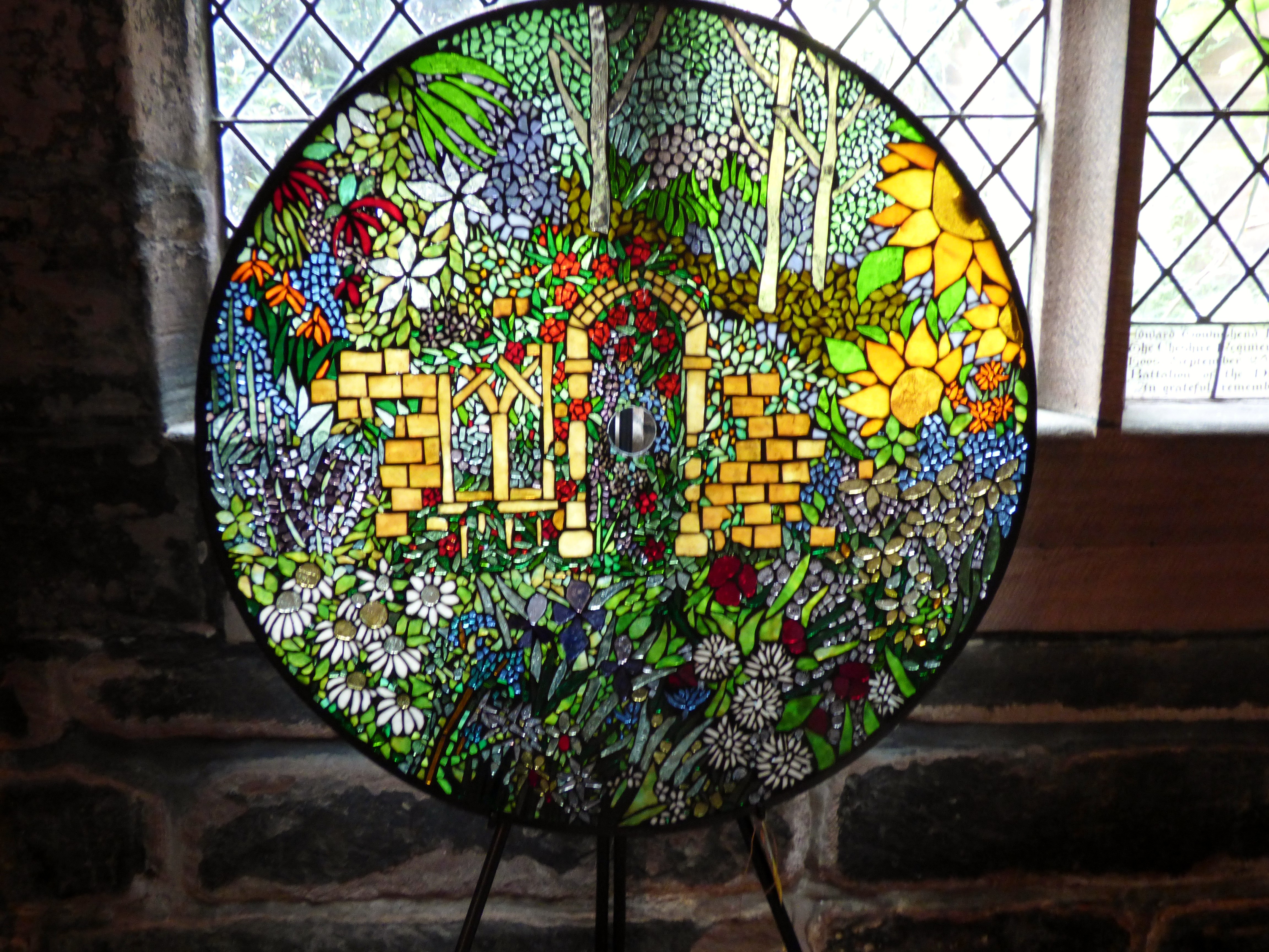 stained glass plaque displayed at "In All Its Glory" exhibition in Chester Cathedral 2016
