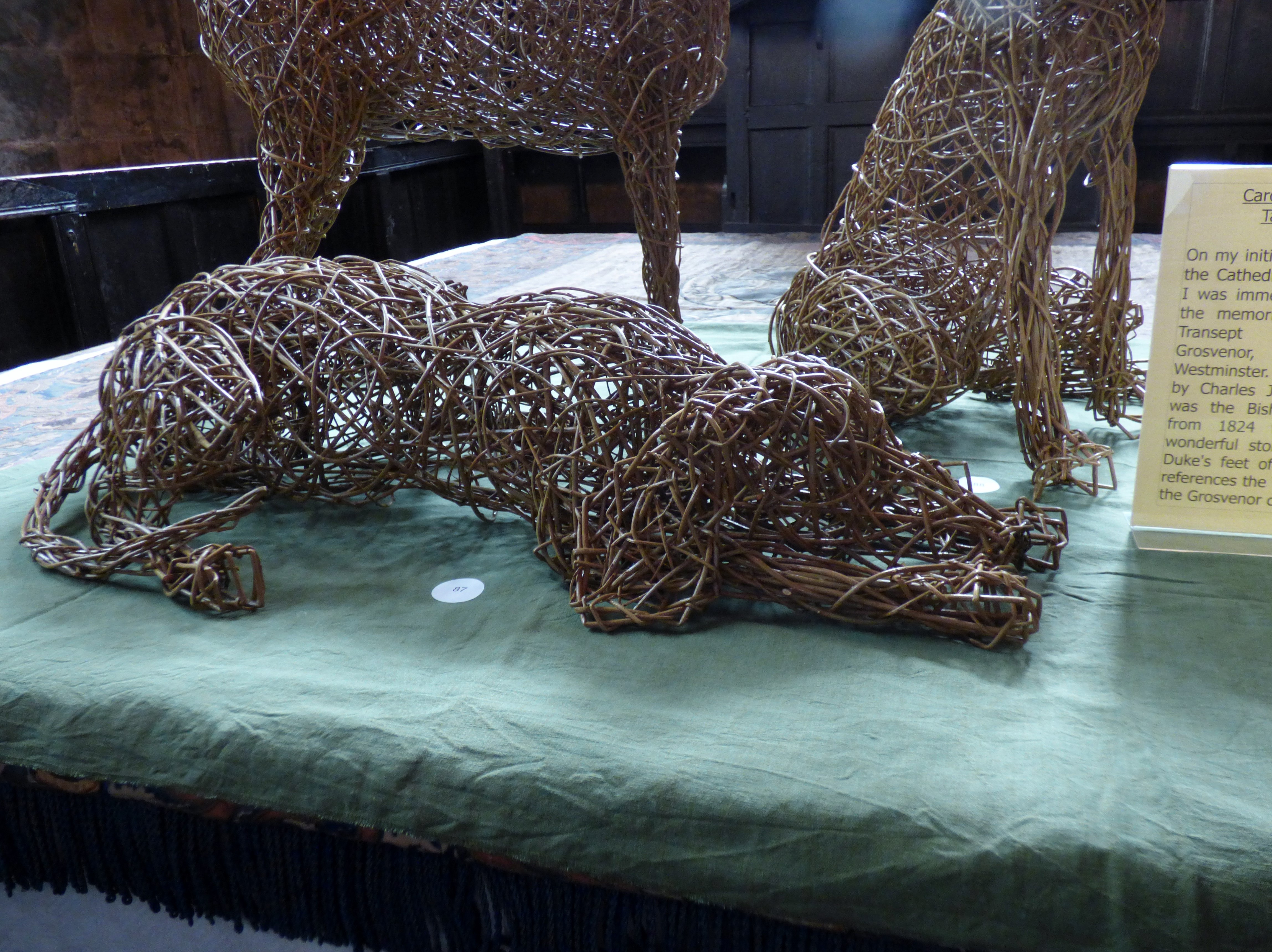 detail of TALBOT DOGS by Caroline Gregson, woven cane, "In All Its Glory" exhibition in Chester Cathedral 2016