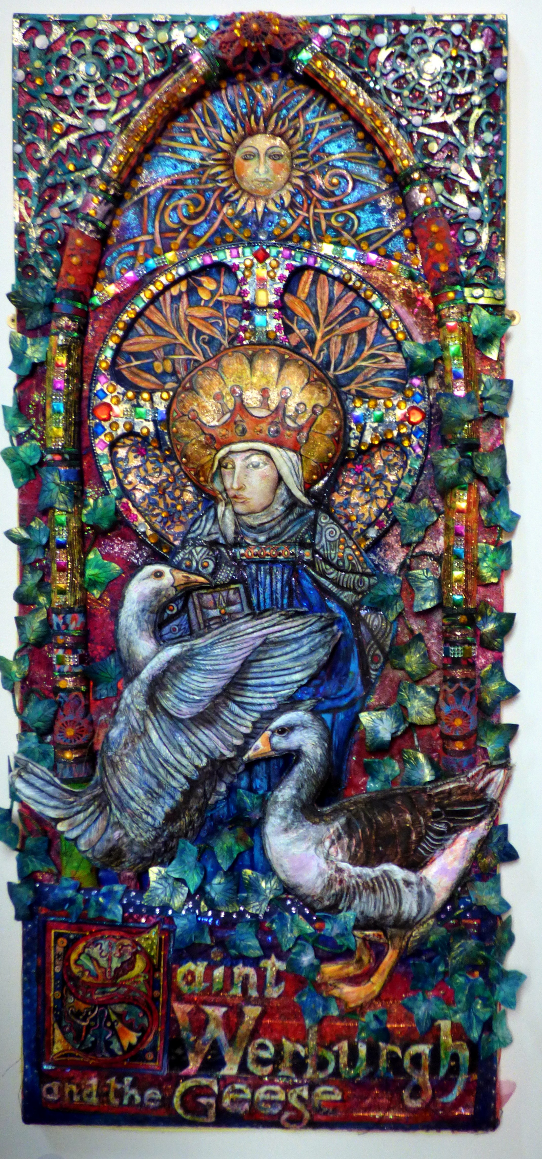 SAINT WERBURGH AND THE GEESE by Nikki Parmenter, mixed media, In All Its Glory exhibition, Chester Cathedral 2016