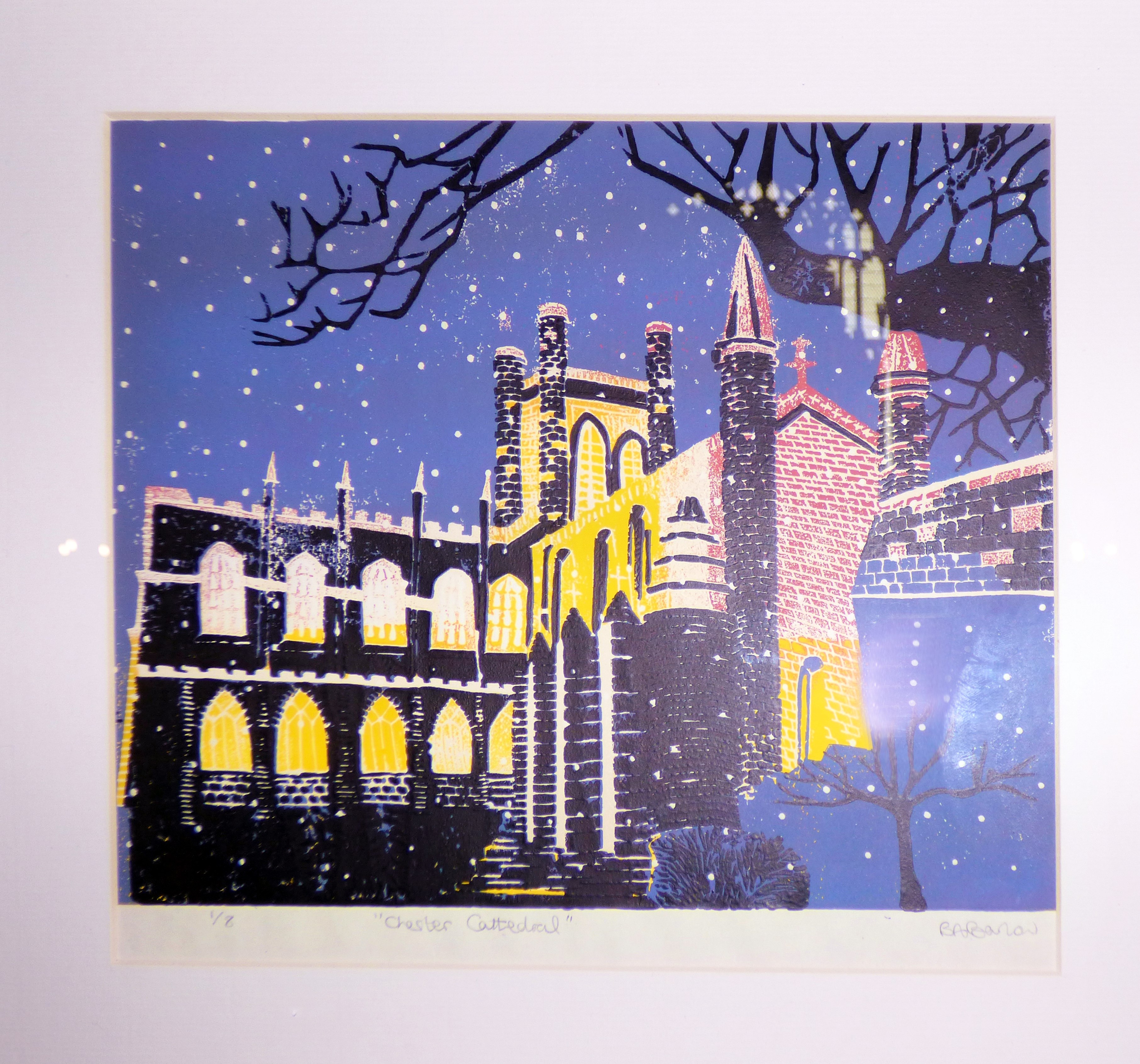 CHESTER CATHEDRAL by Barbara Barlow, reduction linocut, In All Its Glory exhibition, Chester Cathedral 2016