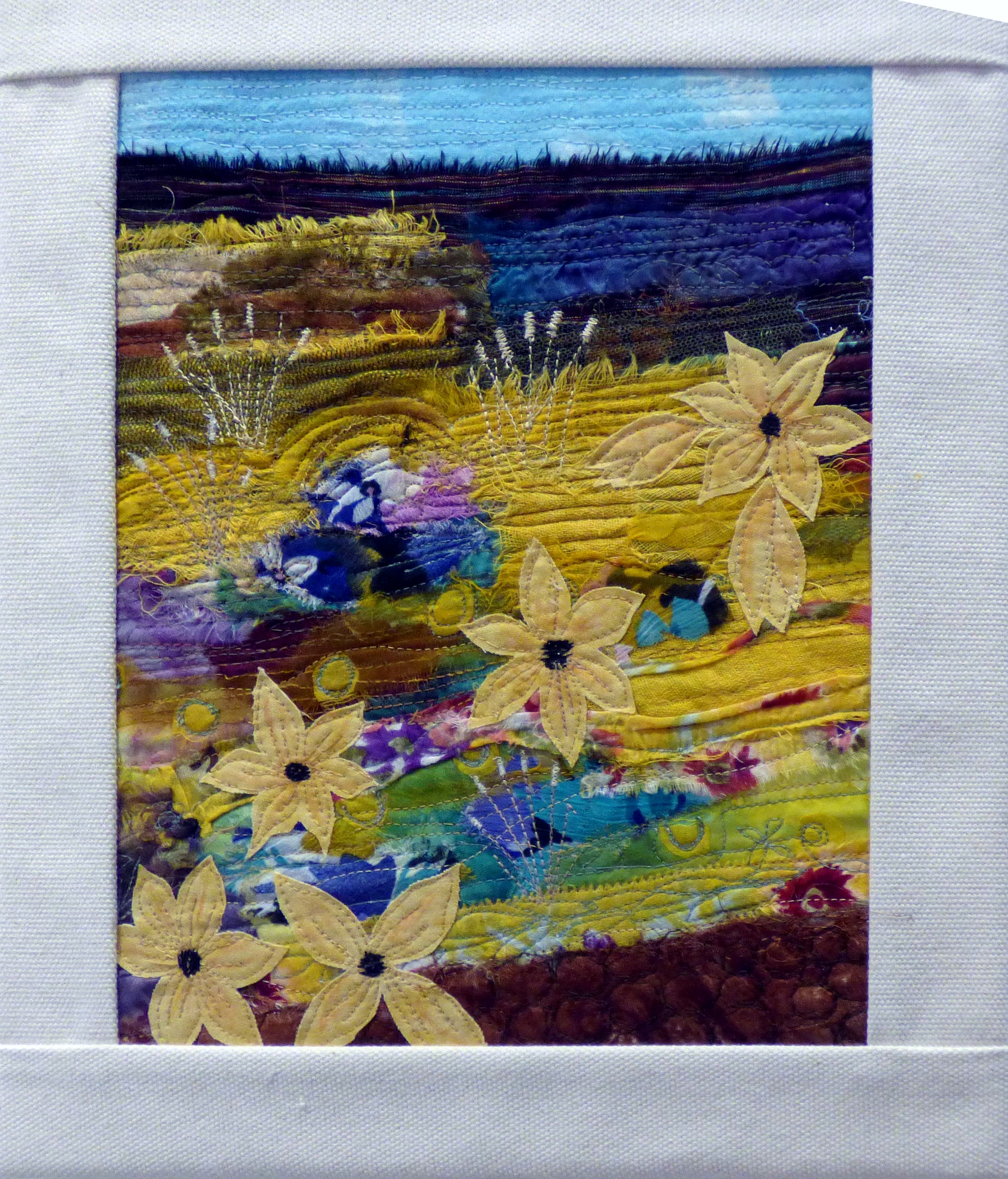 THE YELLOW BORDER by Beryl Stafford, N.Wales EG, free machine embroidered layered fabrics with applique