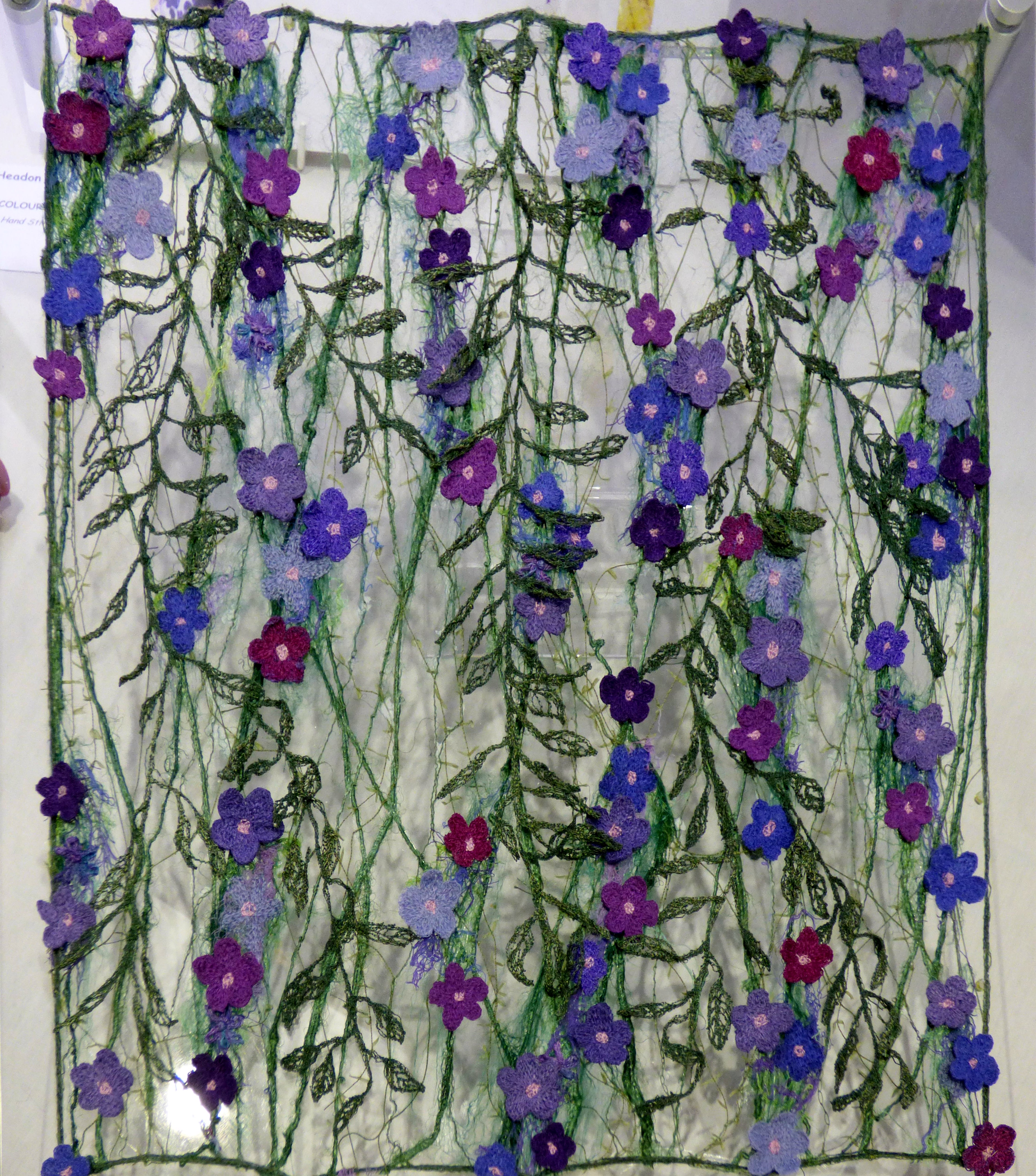 PURPLE FLOWERS by Moya McCarthy, N.Wales EG, free machine embroidery on dissolvable fabric