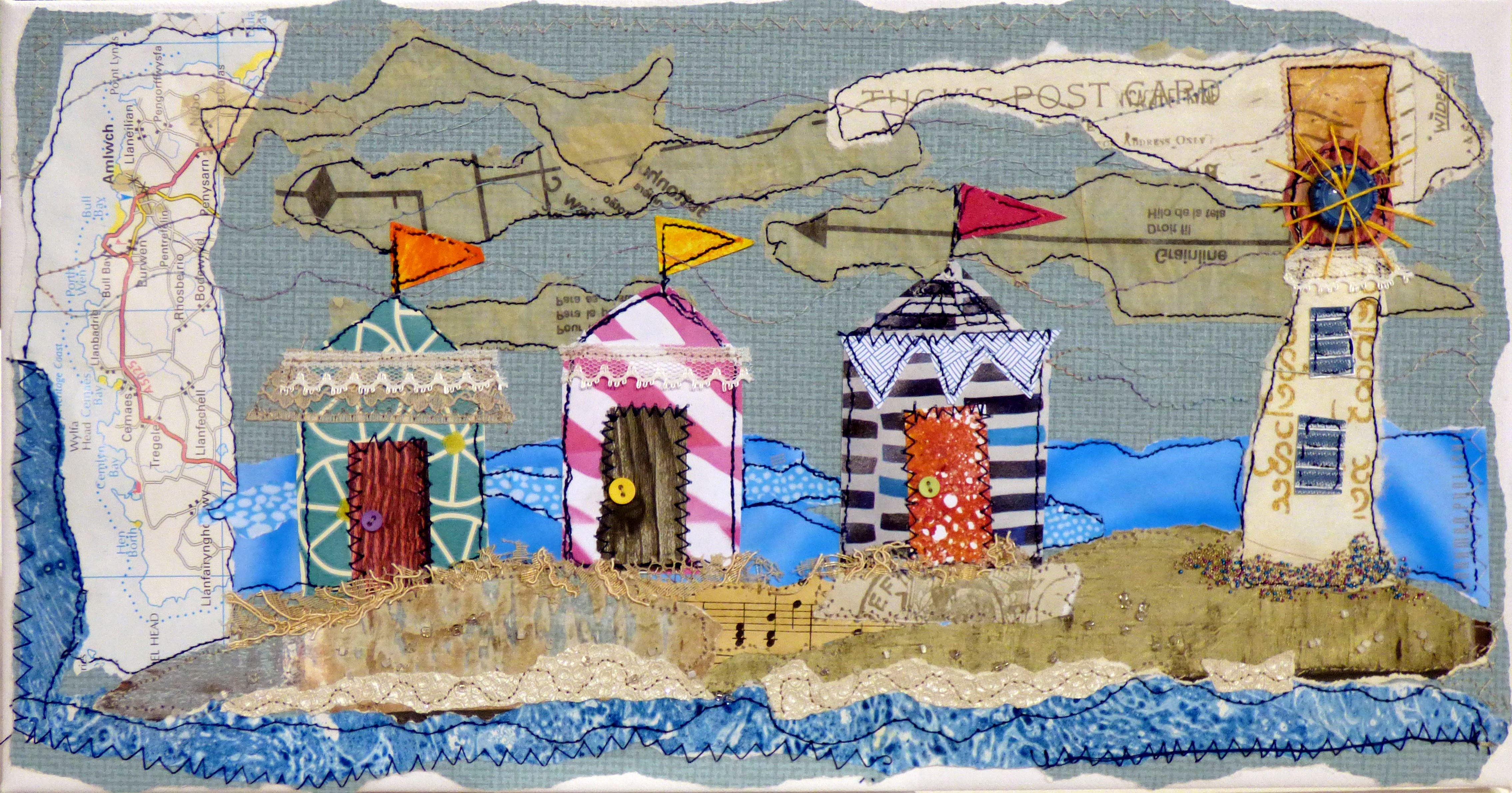 BEACH HUTS by Marilyn Smith, N.Wales EG, mixed media & machine stitch