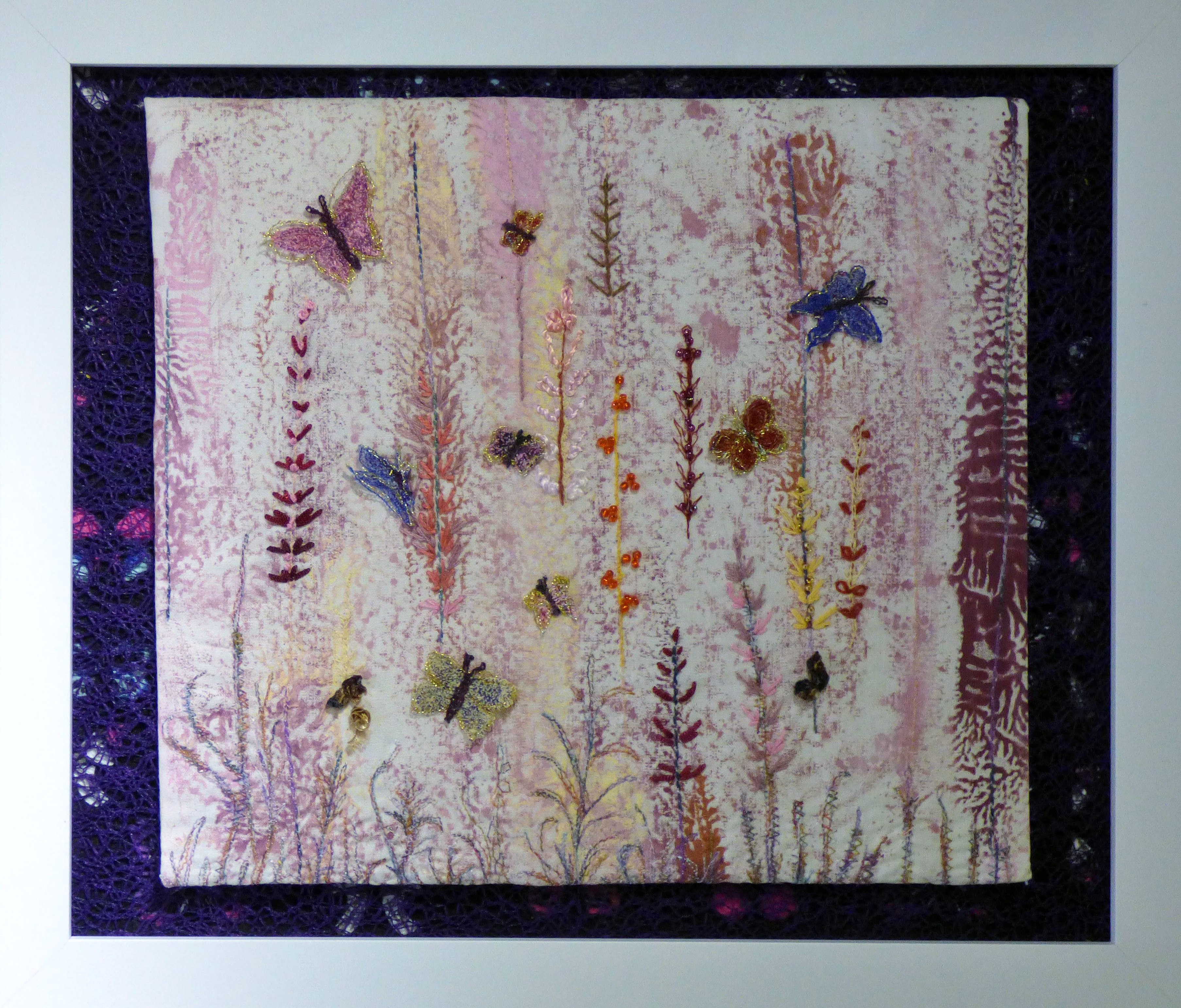 LITTLE BUTTERFLIES by Audrey Tweed, N.Wales EG, hand & free machine embroidery on mono printed cotton