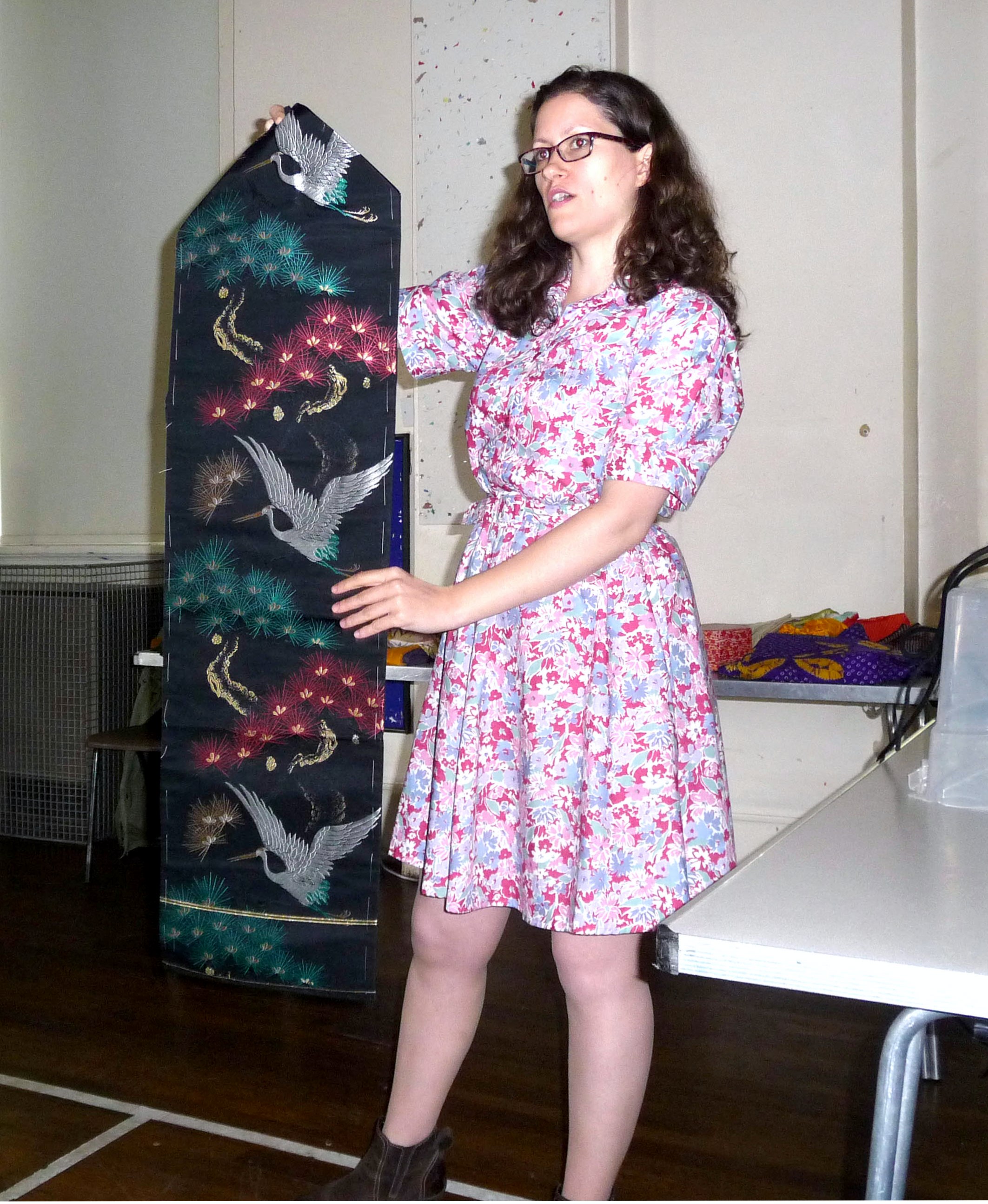 Katie Chaplin showing us woven silk Japanese fabric