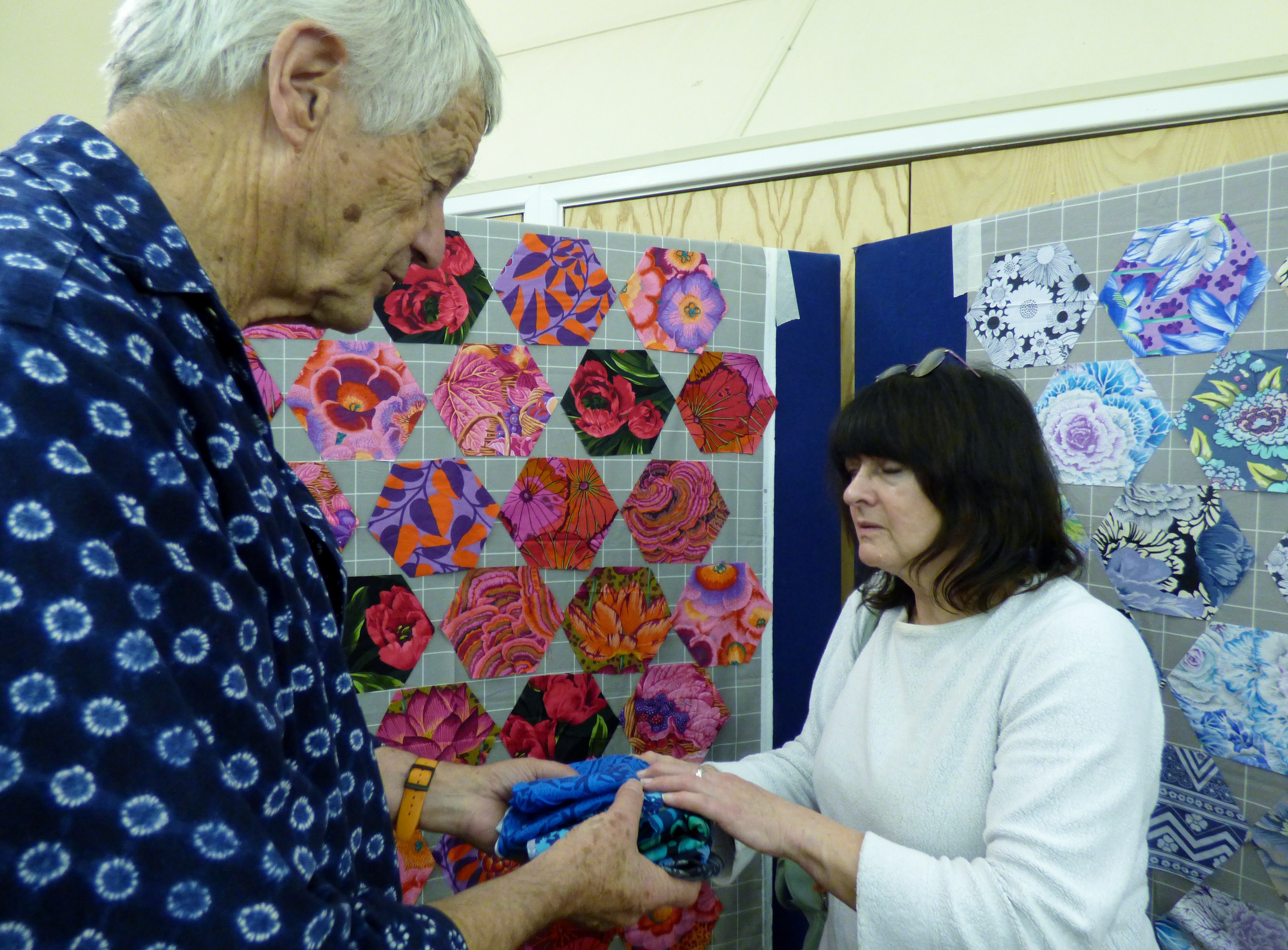 Sue making difficult choices for a background- Kaffe Fassett workshop, All Hallows, Dec 2016