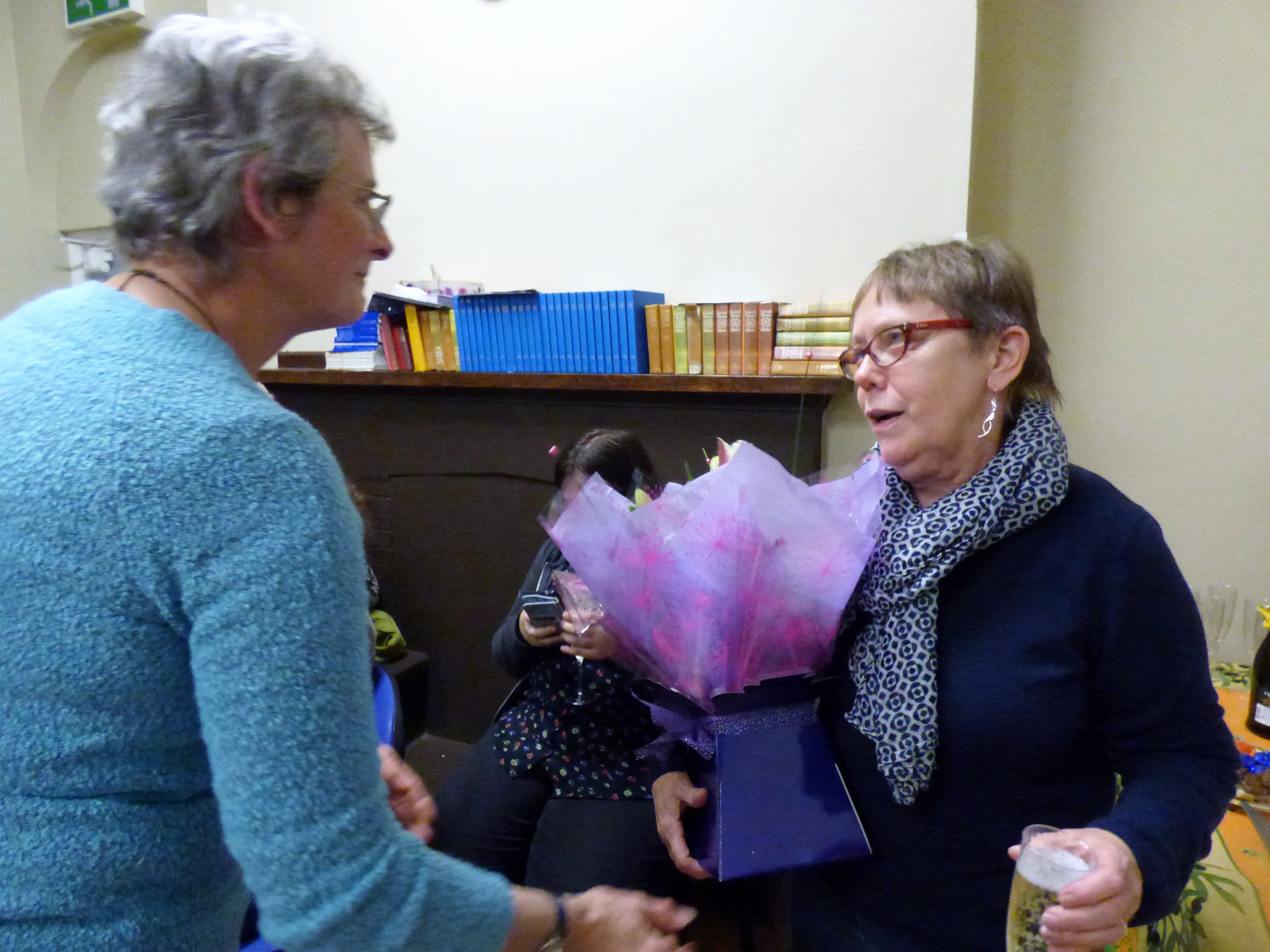Marie Stacey is retiring as Programme Secretary after a very strenuous year. She is presented with a bouquet by our Chair, Kim Parkman at beautiful result at the end of the design workshop- Kaffe Fassett workshop, All Hallows, Dec 2016