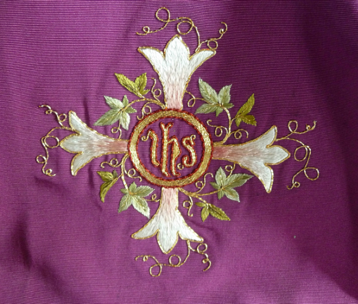 detail of purple Burse and Veil  by Leek School of Embroidery in St. Leonard\'s Church, Ipstones, Staffs