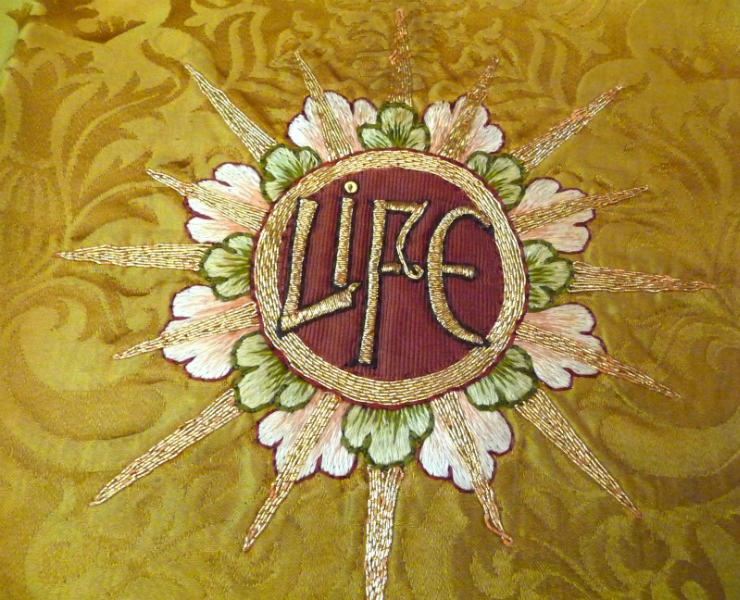 detail of goldwork embroidery in St Leonard\'s Church, Ipstones, Staffs