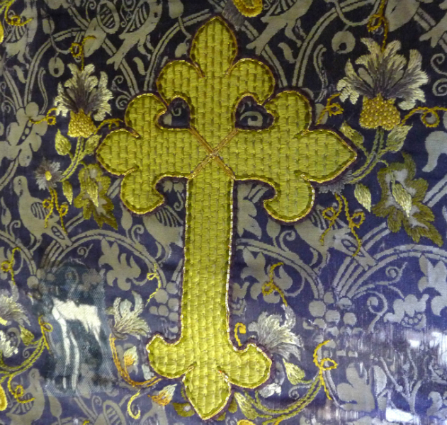 detail of goldwork embroidery by Leek School of Embroidery in St. Luke\'s Church, Leek