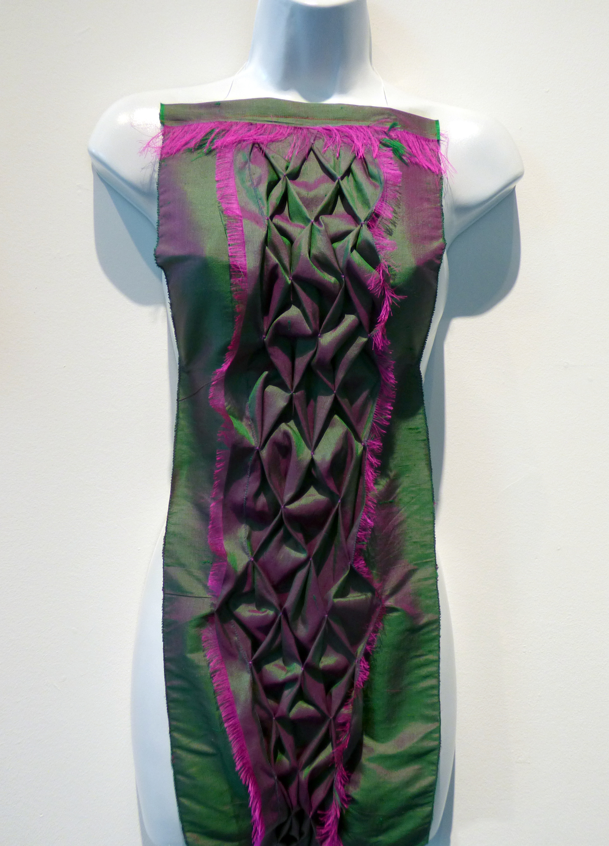 LIGHT RELIEF FIVE by Janet Grimes, shot silk & smocking, Textile 21 at World of Glass, St Helens 2016