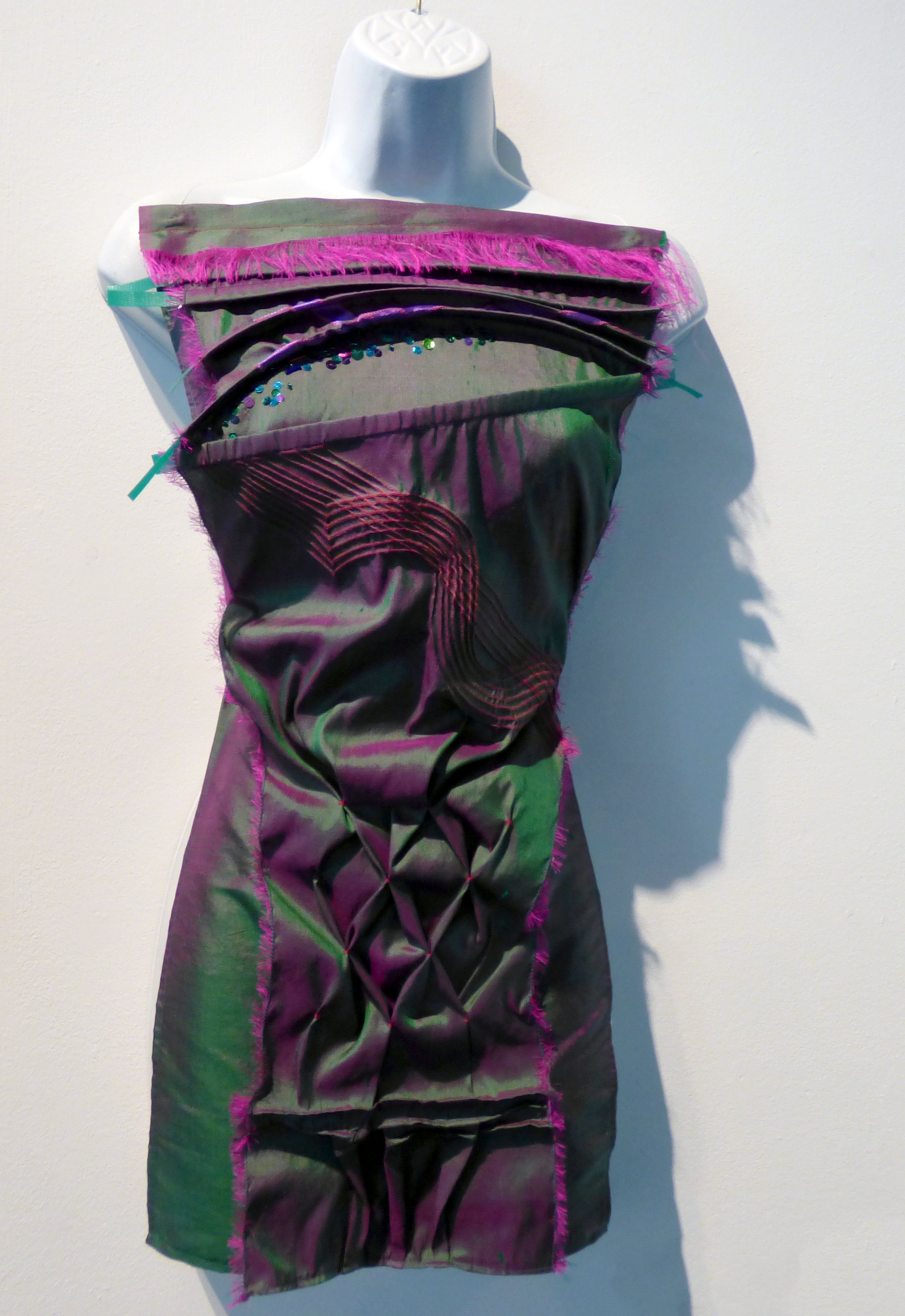 LIGHT RELIEF SEVEN by Janet Grimes, shot sik, plastics, sequins, folding & fringing, Textile 21 at World of Glass, St Helens 2016