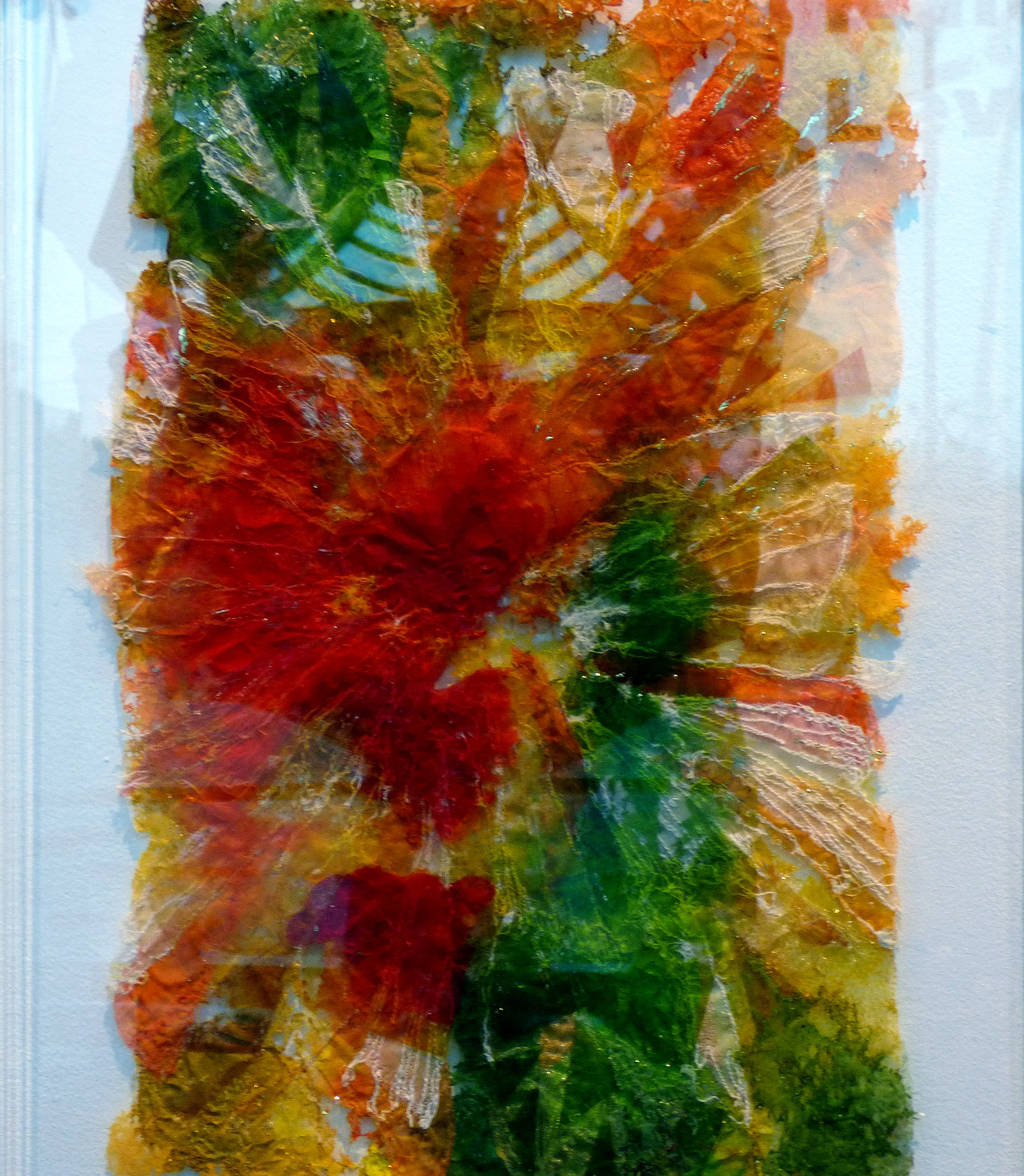 THROUGH A GLASS 3- FRAGMENTED by Susan Darby, layering of mixed media with free machine embroidery, Texlie21 at World of Glass, St Helens 2016