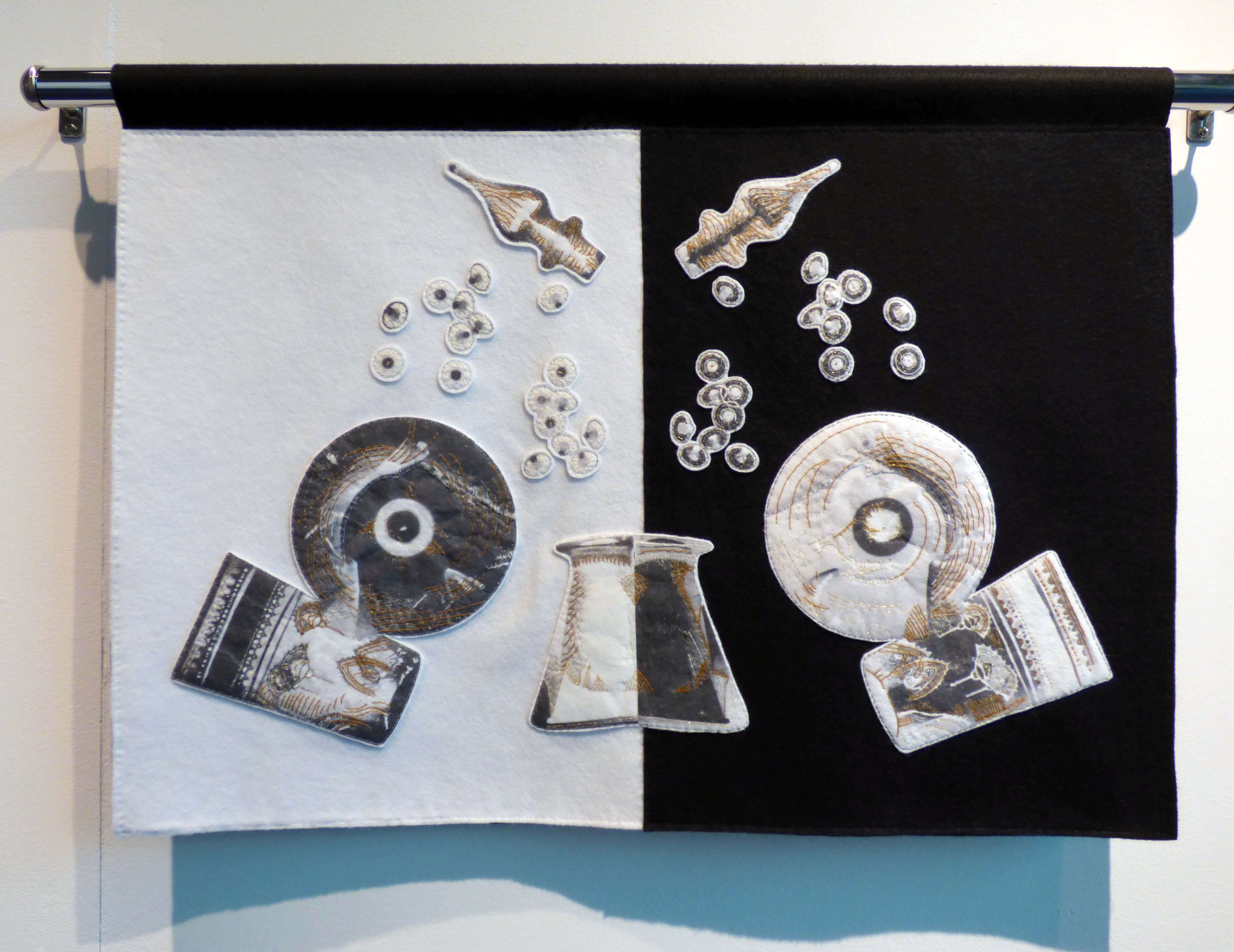 THER BUT NOT THERE - DESIGN 2 by Linda Izan, black & white felt, print medium & thread, Textile21 at World of Glass, St Helens 2016
