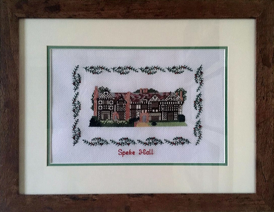 SPEKE HALL SOUTH SIDE by Eileen Sampson, cross stitch,  MEG display at NW Regional Day 2021
