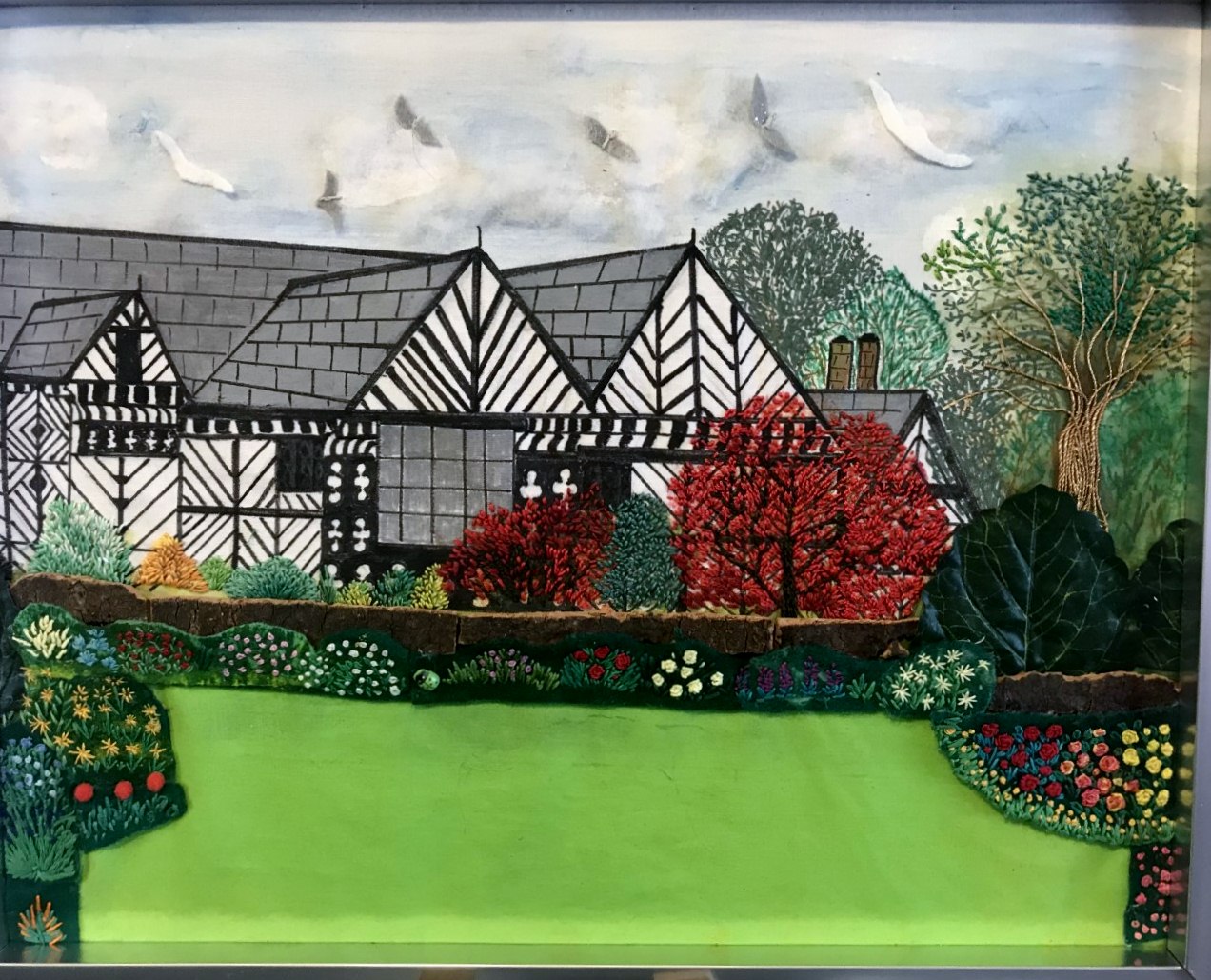 SPEKE HALL AND GARDENS by Kathy Green, painting on fabric embellished with embroidery,MEG display at NW Regional Day 2021