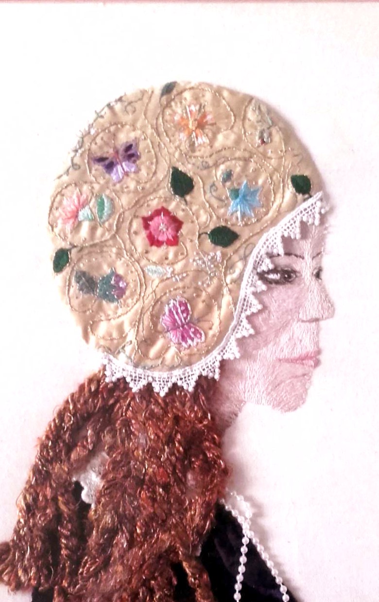 TUDOR LADY by Mal Ralston, hand embroidery, MEG display at NW Regional Day 2021
