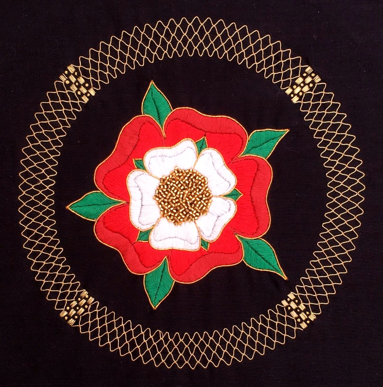 DOUBLE TUDOR ROSE by Michele King, hand embroidery with crewel work and mixed media, MEG display at NW Regional Day 2021