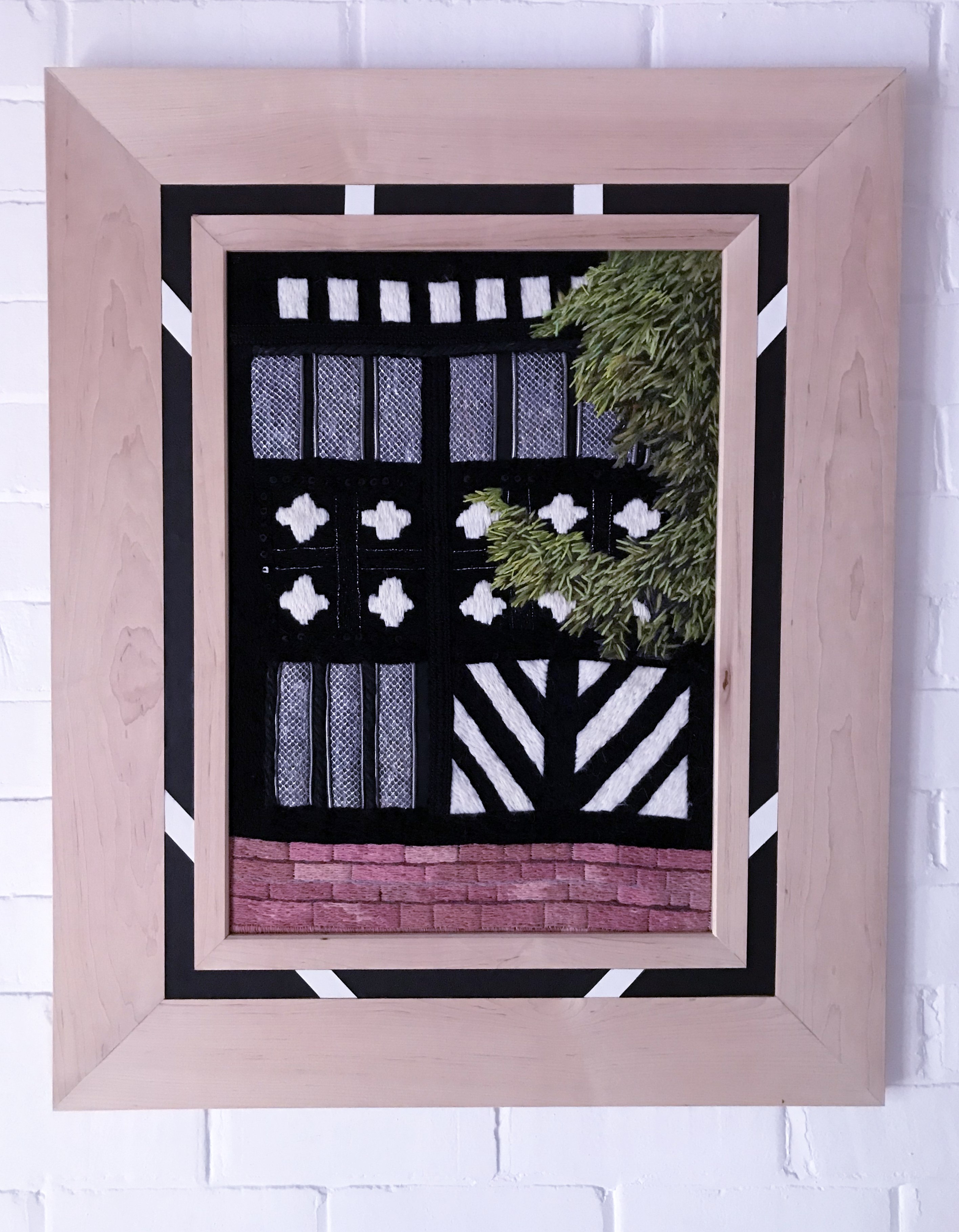 INNER COURTYARD AT SPEKE HALL by Patti Owen, hand embroidery and mixed media, MEG display at NW Regional Day 2021