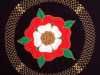 DOUBLE TUDOR ROSE by Michele King, hand embroidery with crewel work and mixed media, MEG display at NW Regional Day 2021