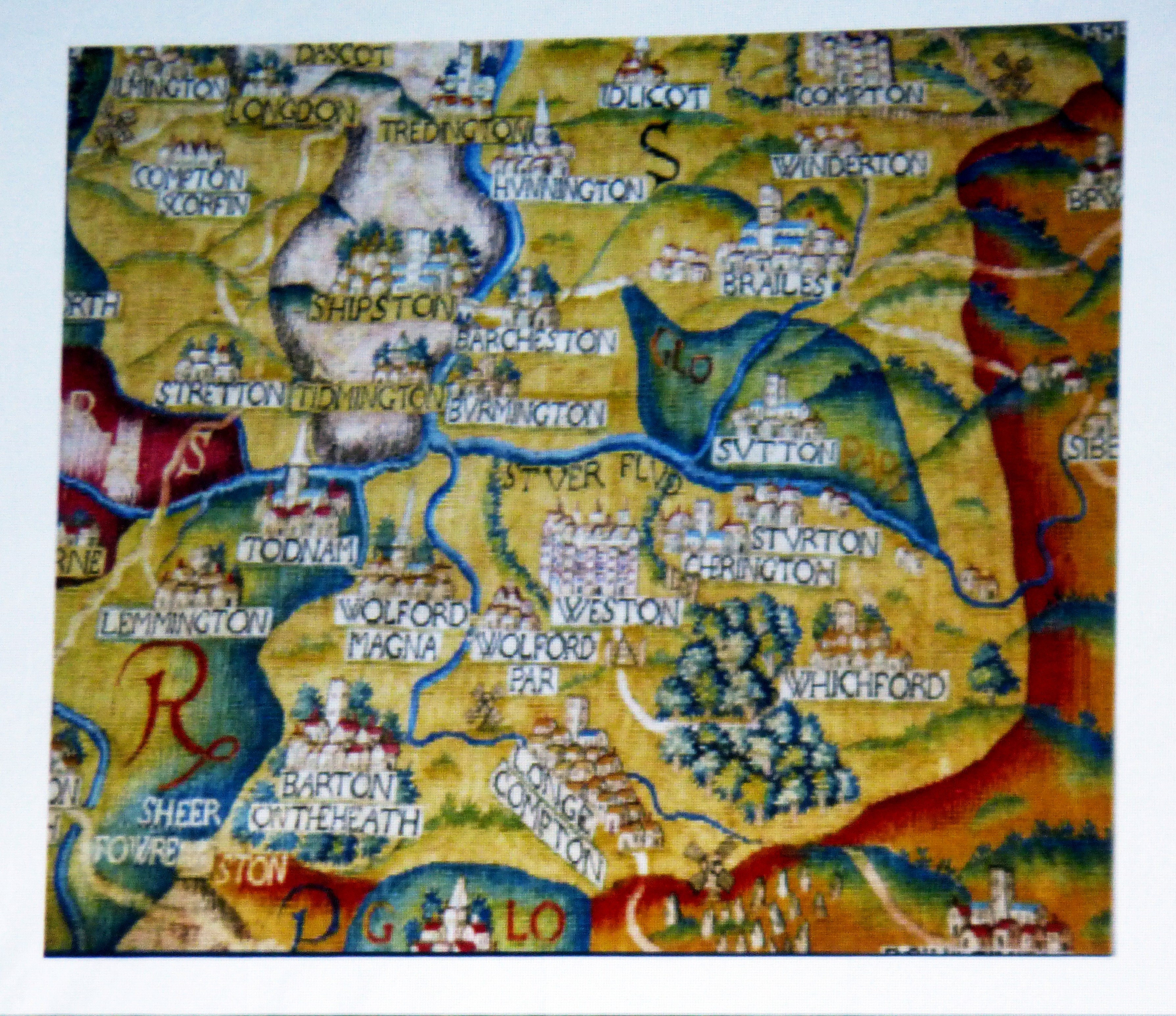 slide showing Sheldon Tapestry Worcestershire 1590 at "Maps in Stitch" Talk by Mary Bryning, October 2023