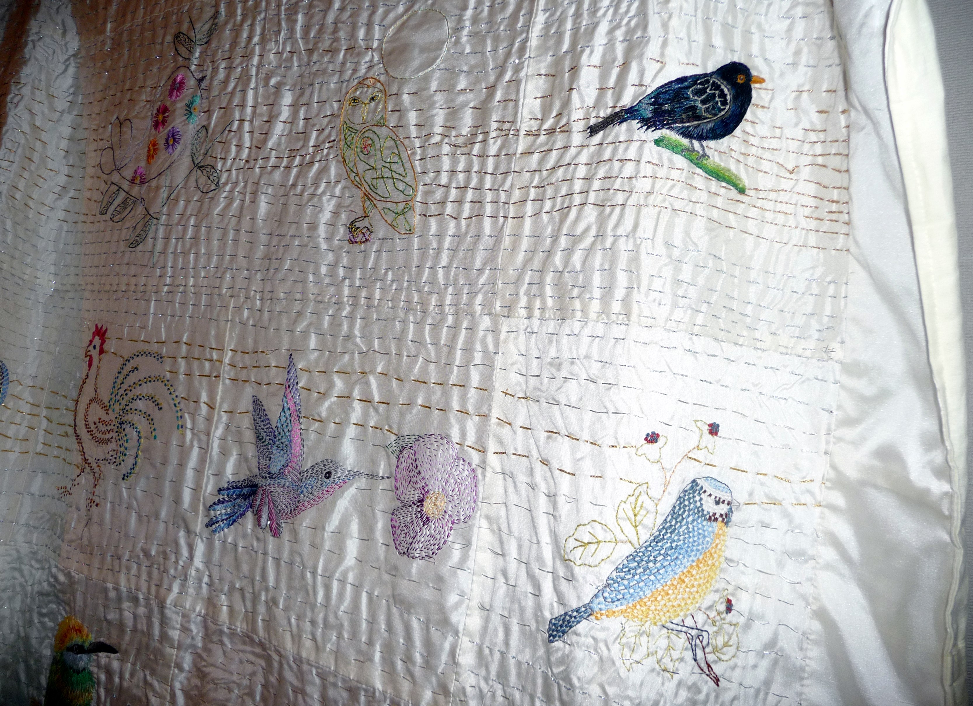 Sreepur quilt with embroidered birds which will be raffled to raise funds for Sreepur Orphanage and Womens Refuge, Bangladesh