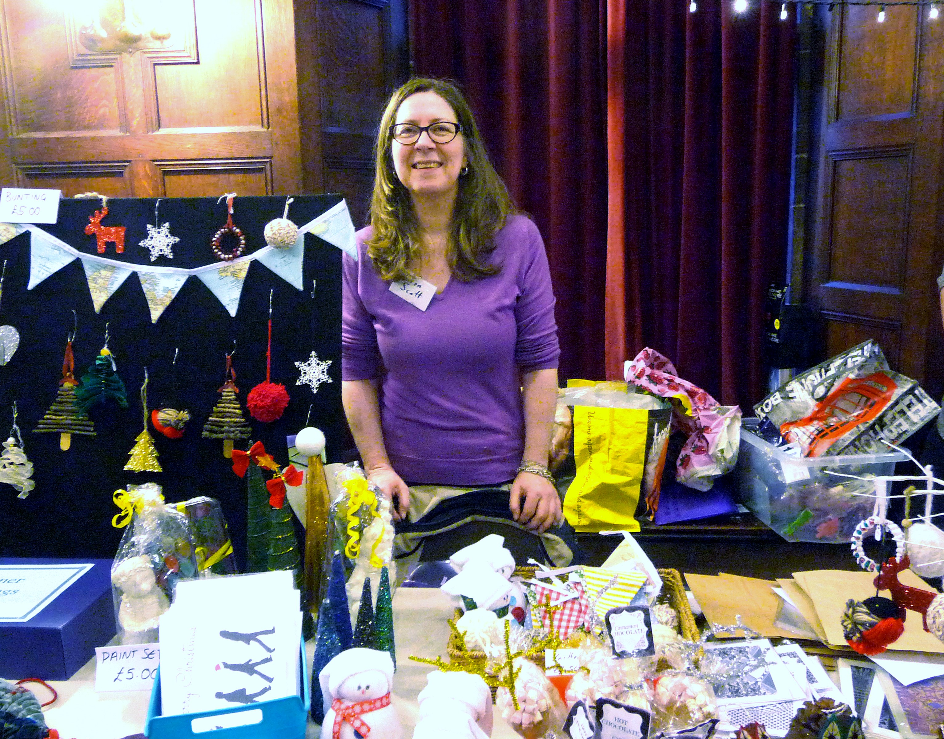 MEG Christmas Party 2015- Karen Scott with her stall to support Hope University Design students Final Degree Show