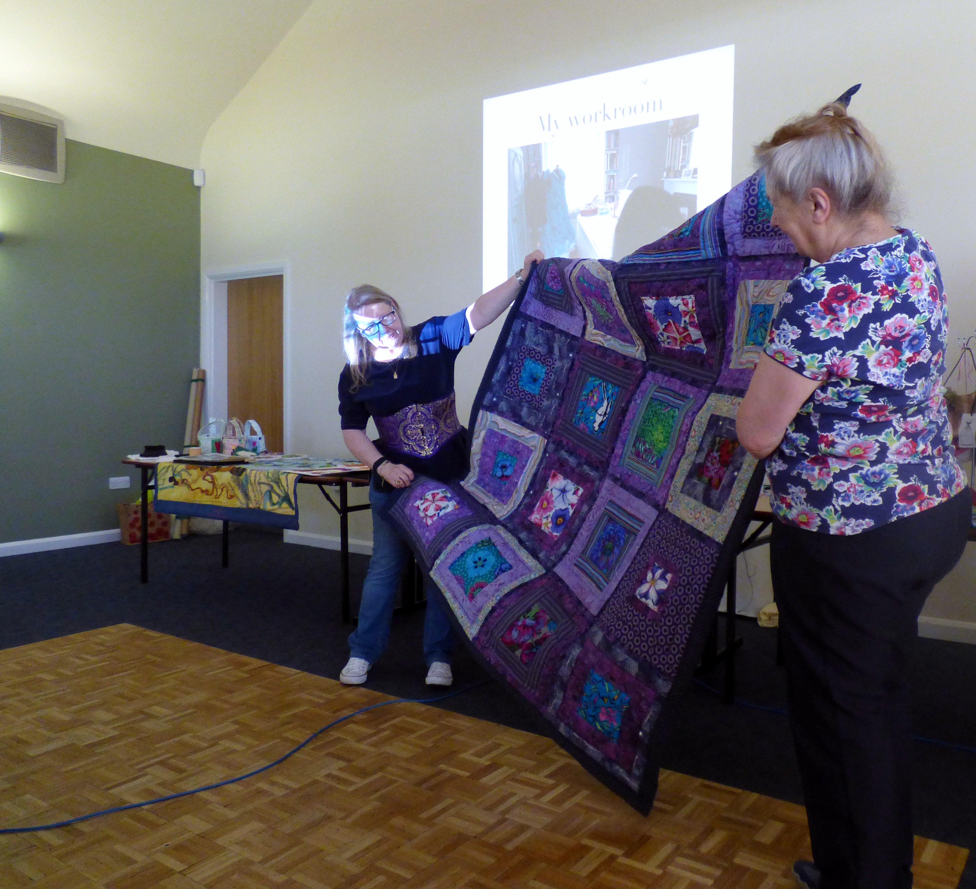 Gill Roberts and Vicky Williams with Gill's quilt made following a Kaffe Fassett workshop