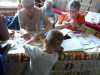 a young visitor is having a go at stitching with MEG at National Stitch Day @ Speke Hall 2019