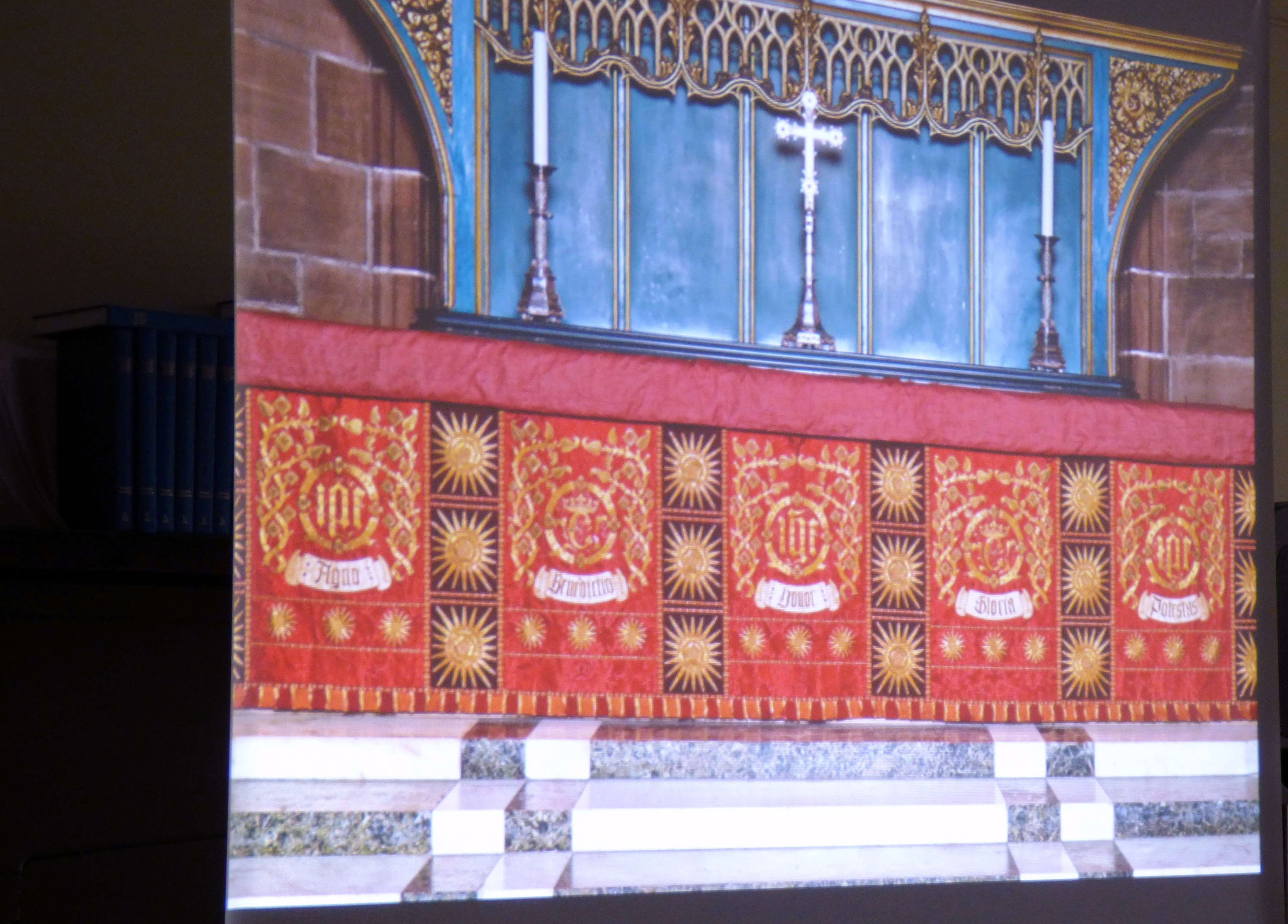 slide showing Red Frontal, Liverpool Cathedral embroideries Talk by Vicky Williams 2019