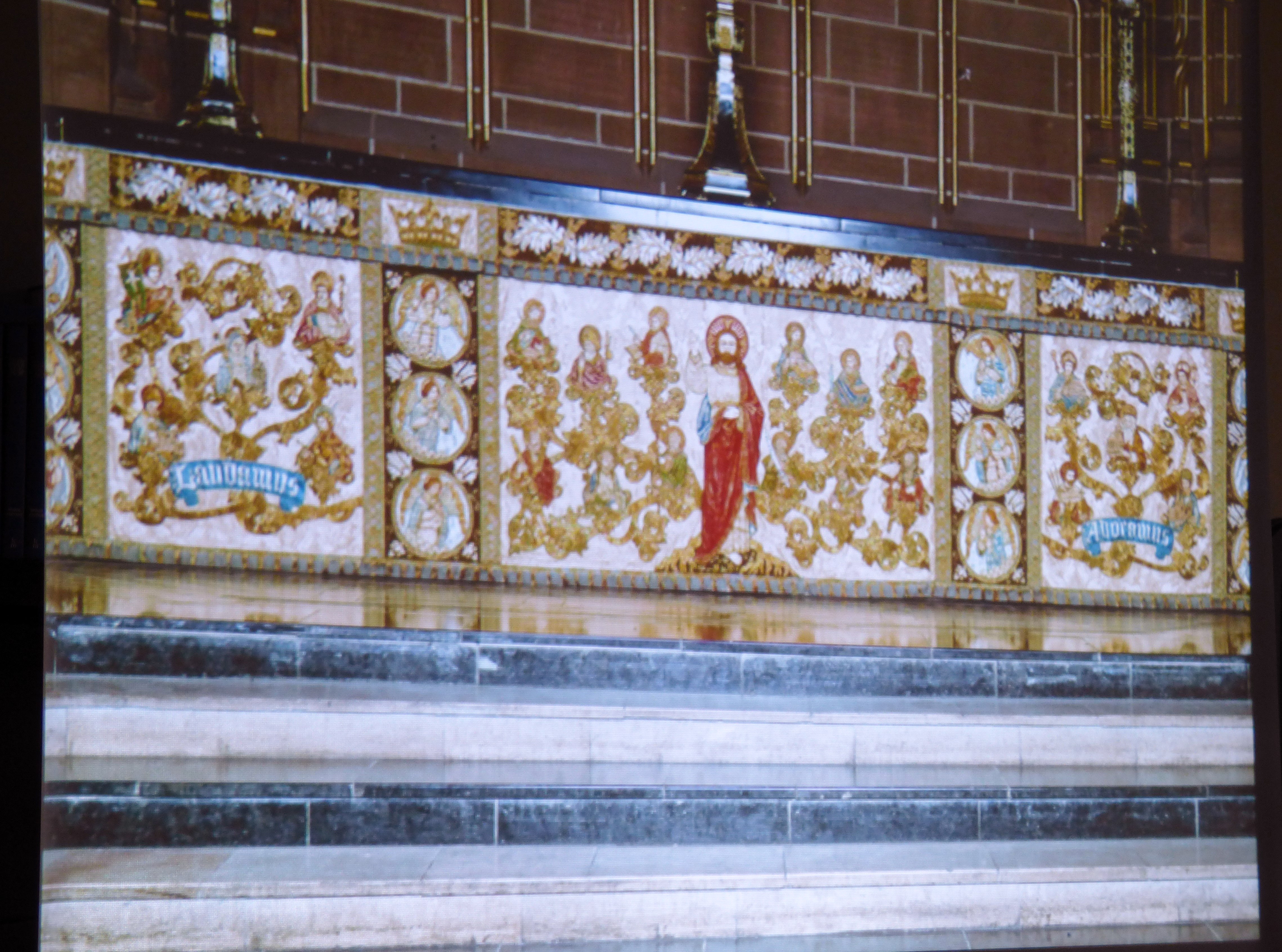 slide showing High Altar Festal Frontal, Liverpool Cathedral embroideries Talk by Vicky Williams 2019