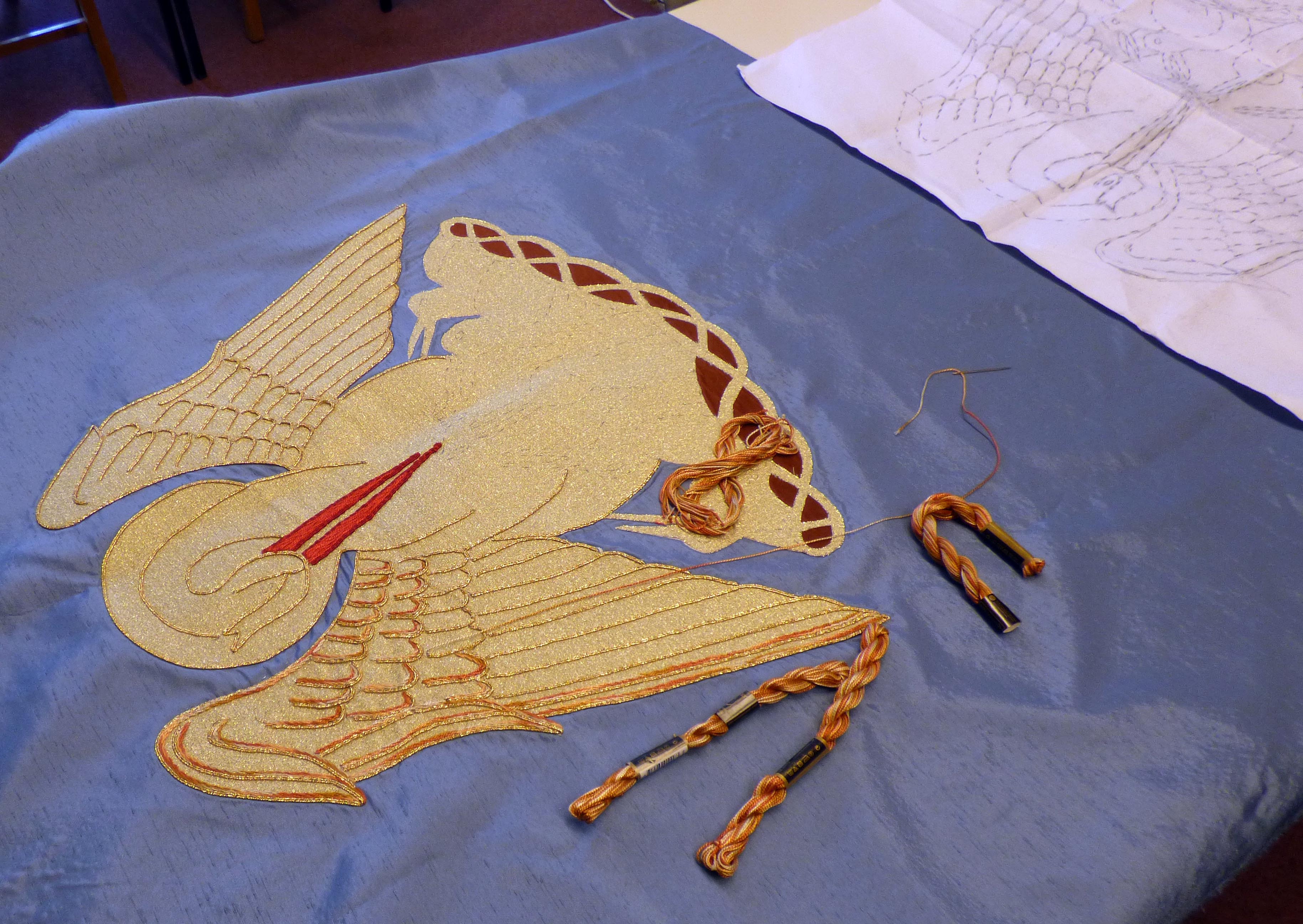 Banner under construction at Embroidery Studio open day, Liverpool Metropolitan Cathedral 2017